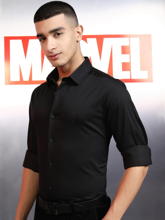 Marvel By Highlander Men Black Spider-Man Embellished Slim Fit Casual Shirt - Black - Image 4