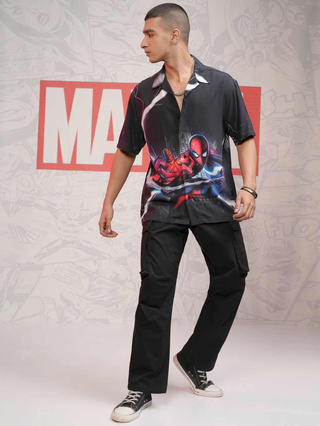 Marvel By Highlander Men Black Spider-Man Printed Relaxed Fit Casual Shirt - Black - Image 2