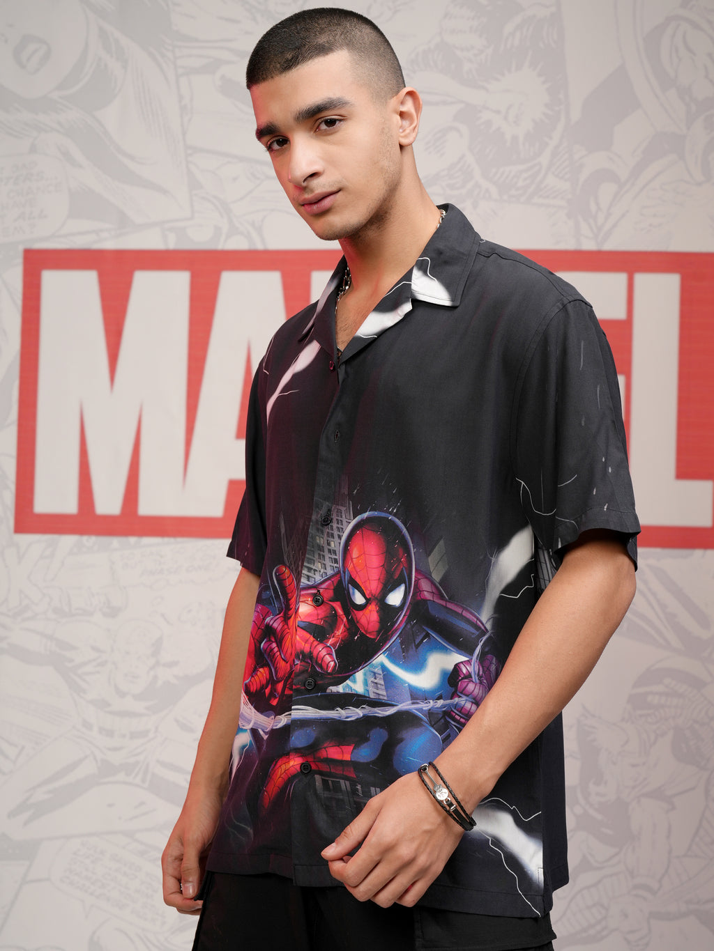 Marvel By Highlander Men Black Spider-Man Printed Relaxed Fit Casual Shirt - Black - Image 4