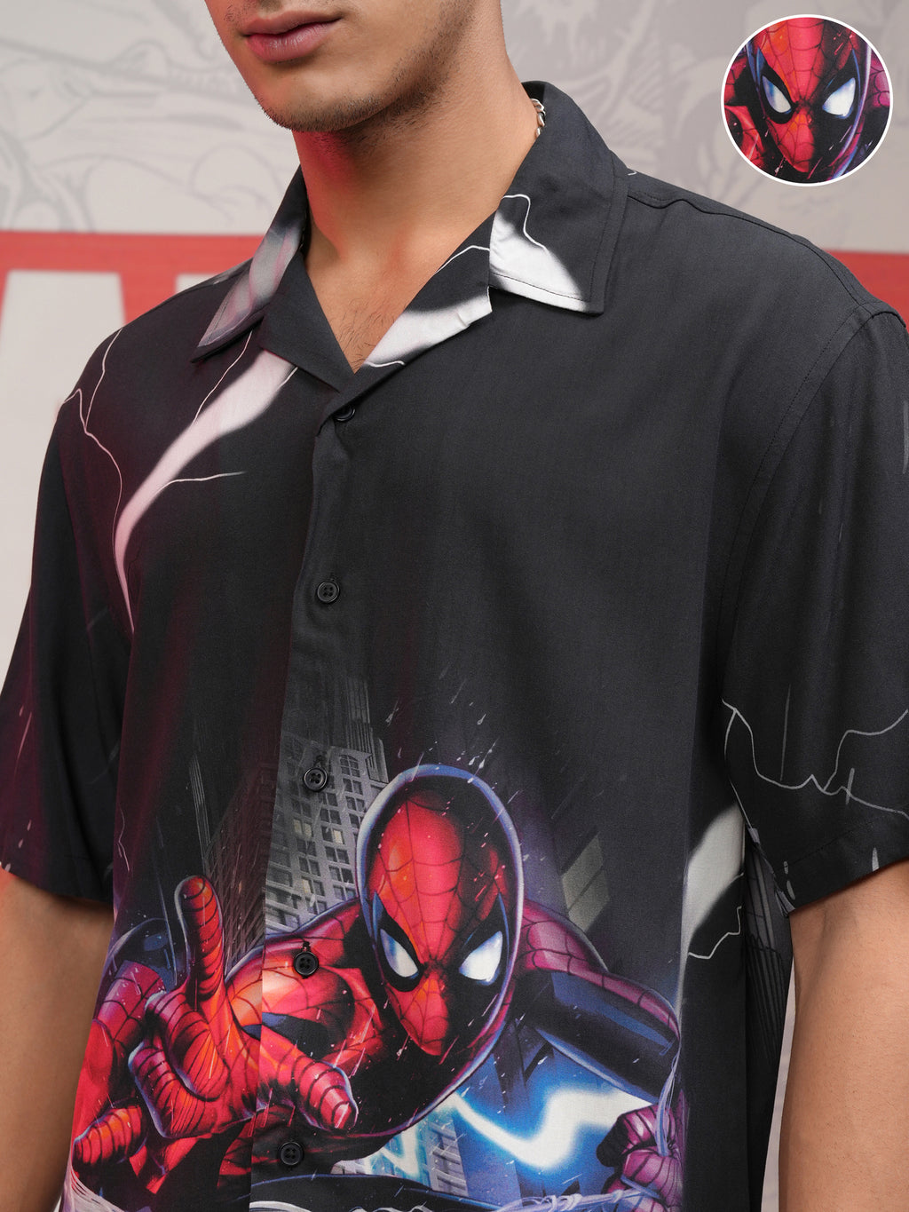 Marvel By Highlander Men Black Spider-Man Printed Relaxed Fit Casual Shirt - Black - Image 5