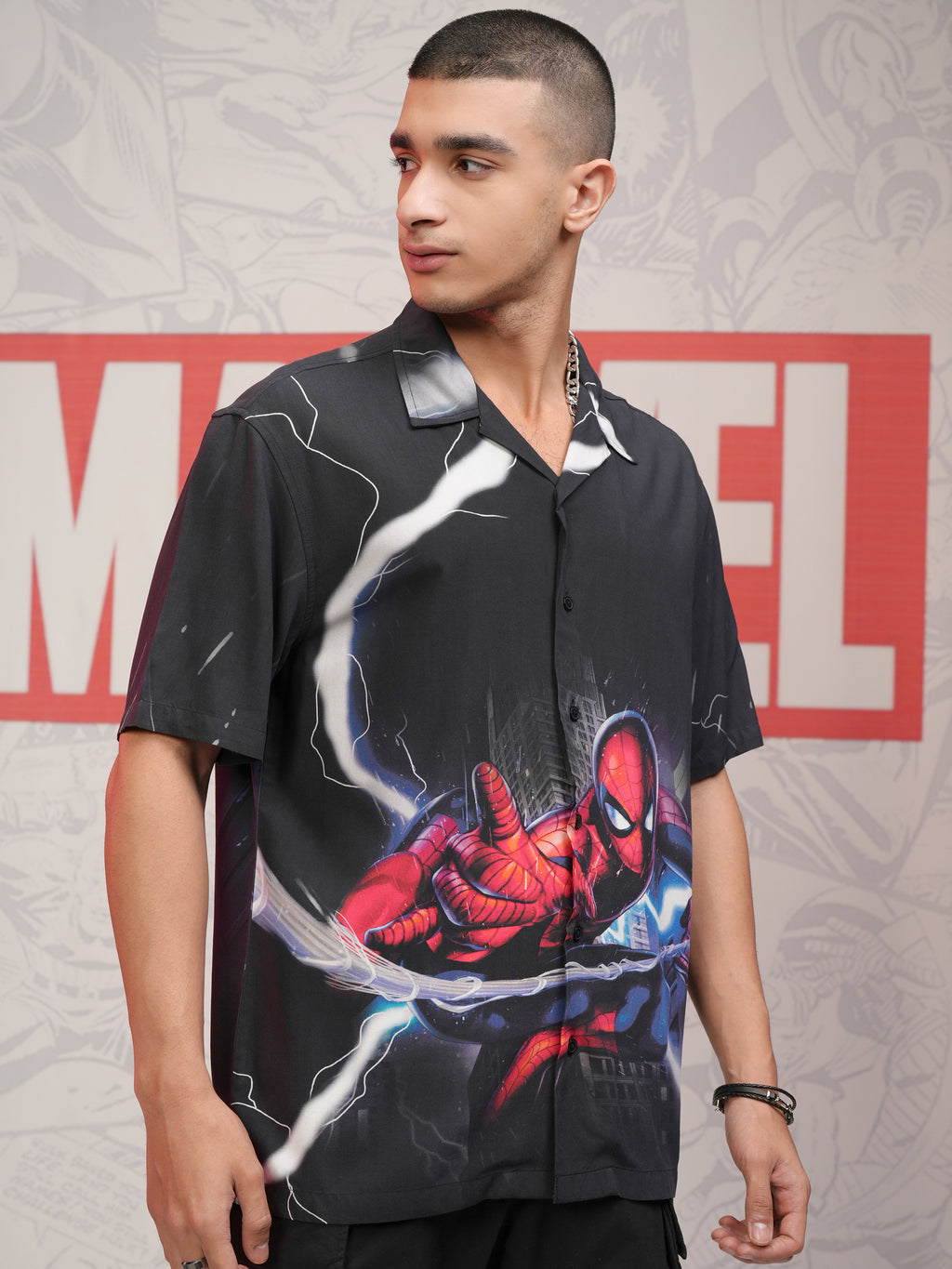 Marvel By Highlander Men Black Spider-Man Printed Relaxed Fit Casual Shirt - Black - Image 6