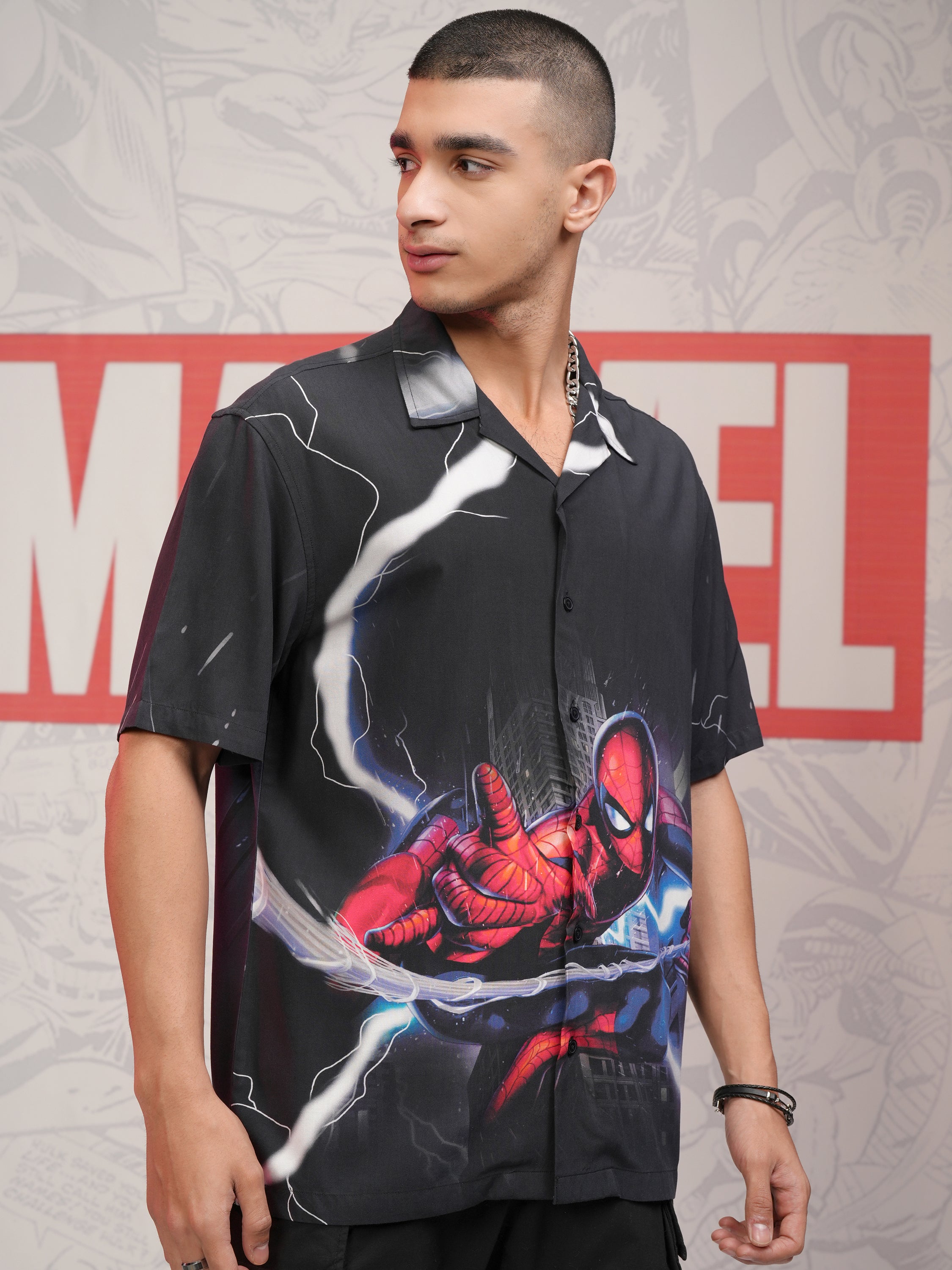 Marvel By Highlander Men Black Spider-Man Printed Relaxed Fit Casual Shirt - Black - Image 6
