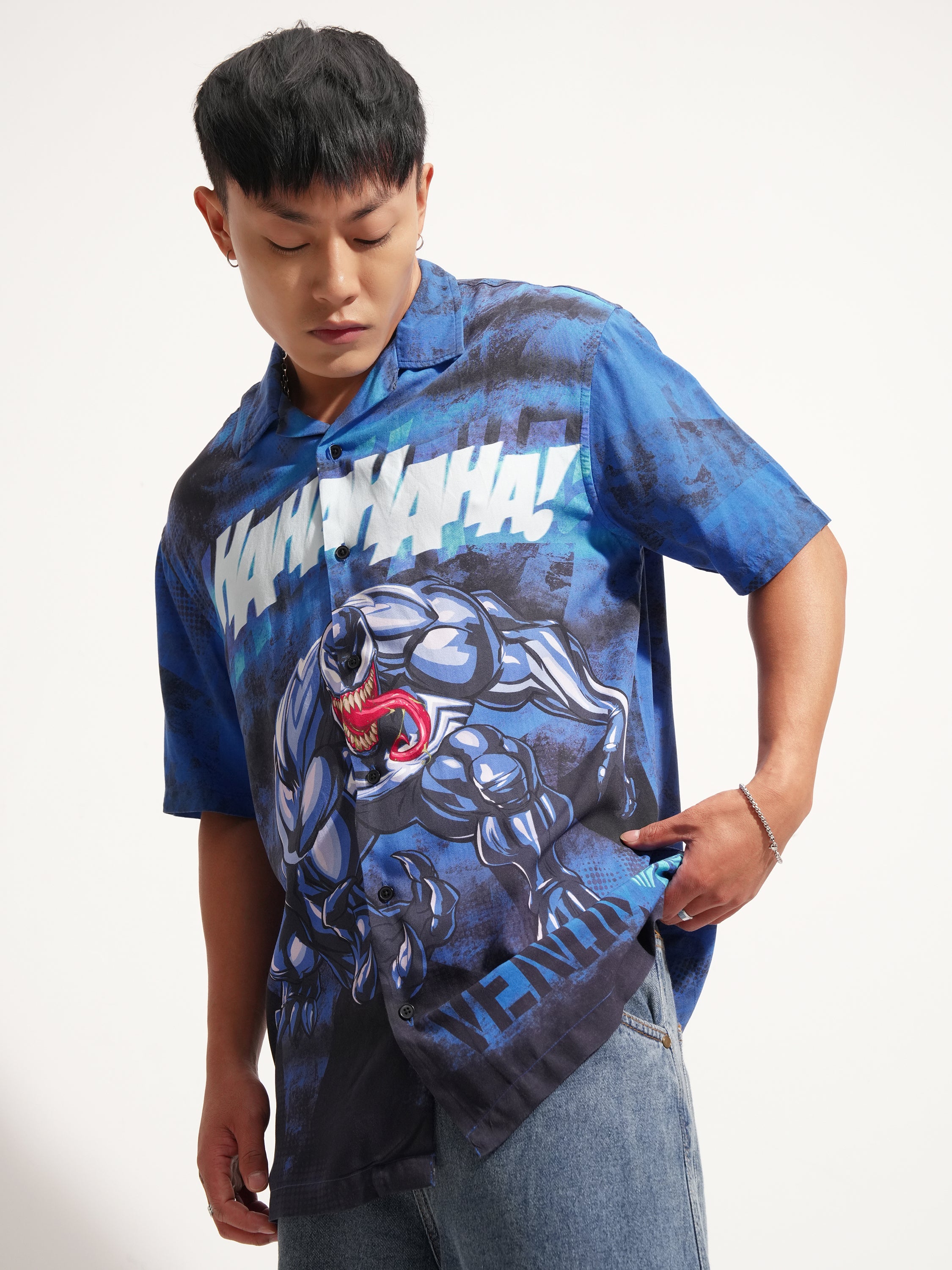 Marvel By Highlander Men Blue Venom Printed Relaxed Fit Casual Shirt - Blue - Image 4