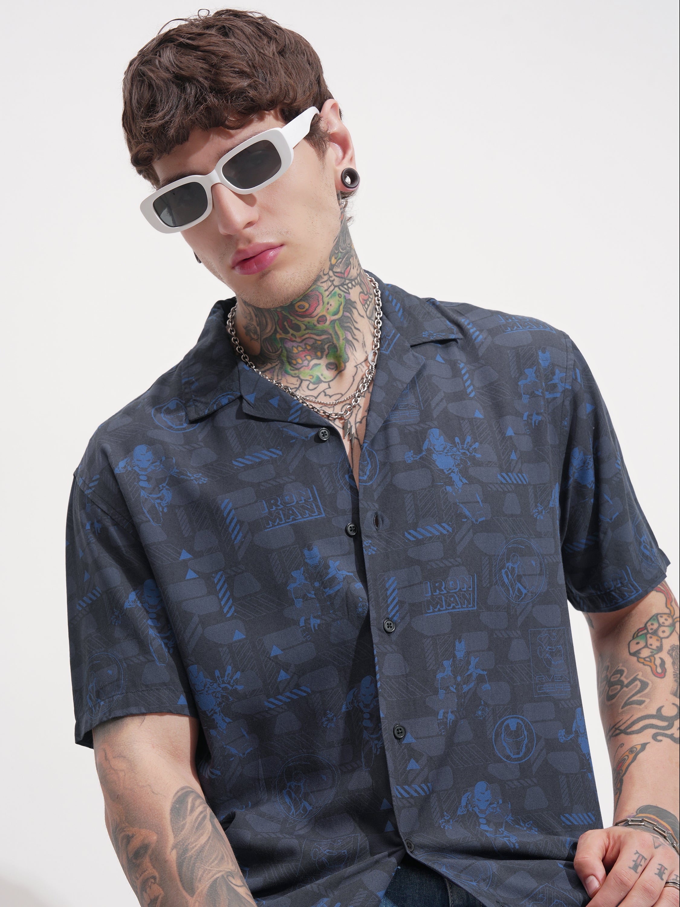 Marvel By Highlander Men Grey Iron Man Printed Relaxed Fit Casual Shirt - Grey - Image 1