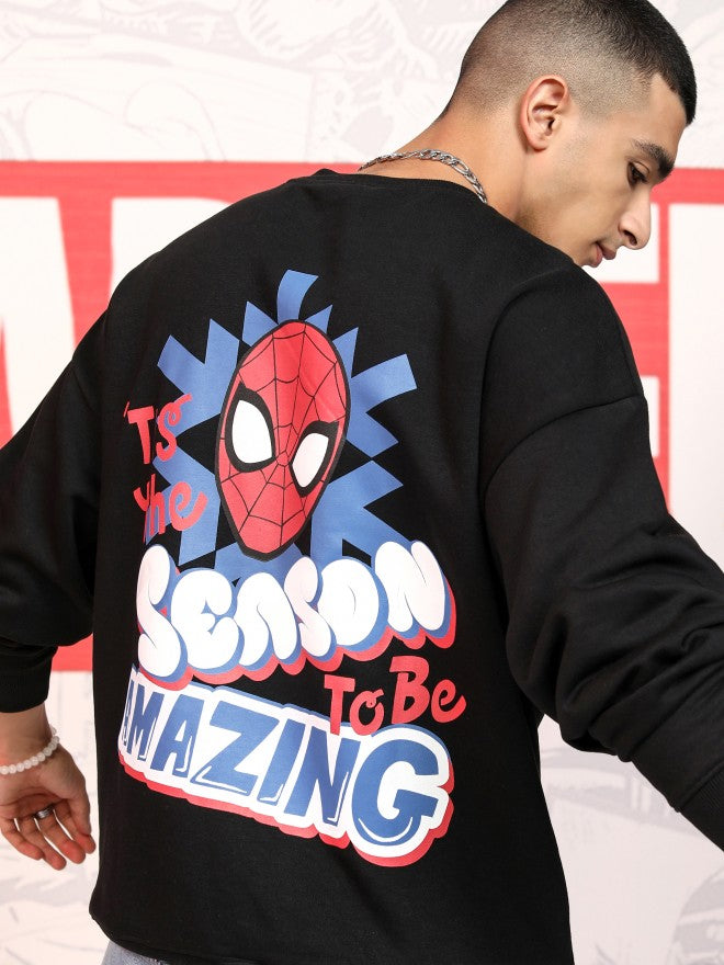 Marvel By Highlander Men Black Spider-Man Round Neck Pullover Sweatshirt - Black - Image 1