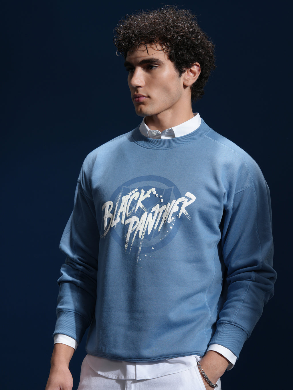 Marvel By Highlander Men Blue Black Panther Round Neck Pullover Sweatshirt - Blue - Image 4