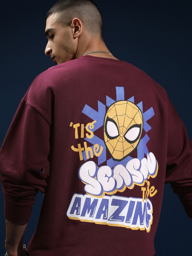Marvel By Highlander Men Maroon Spider-Man Round Neck Pullover Sweatshirt - Maroon - Image 1