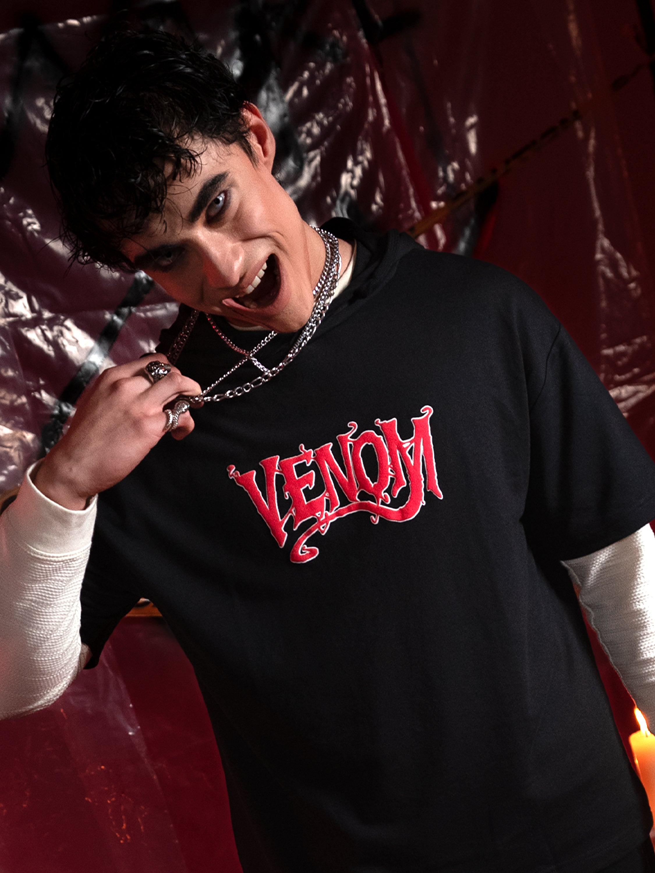 Marvel By Highlander Men Black Venom Hooded Pullover Sweatshirt - Black - Image 1
