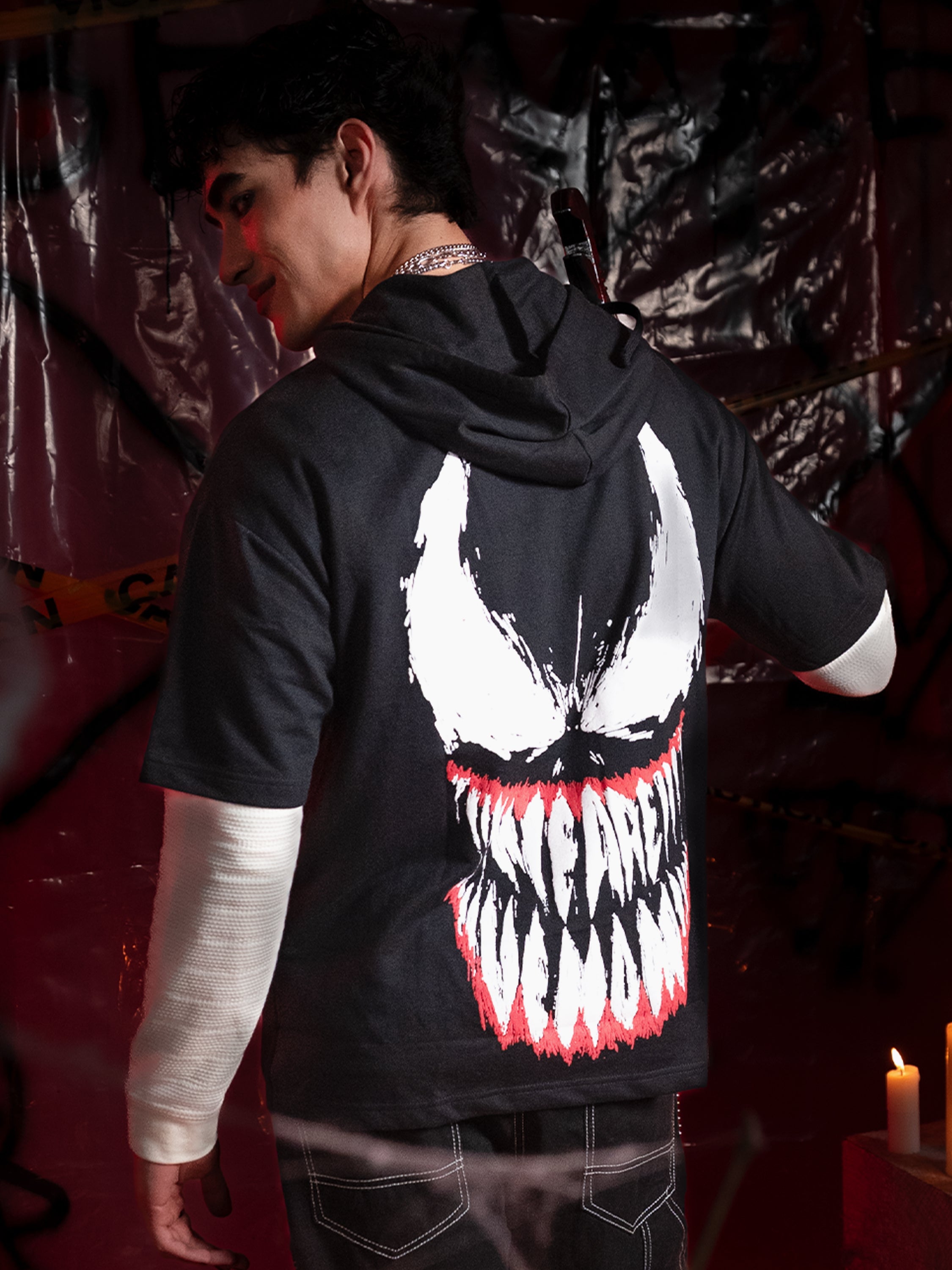 Marvel By Highlander Men Black Venom Hooded Pullover Sweatshirt - Black - Image 2