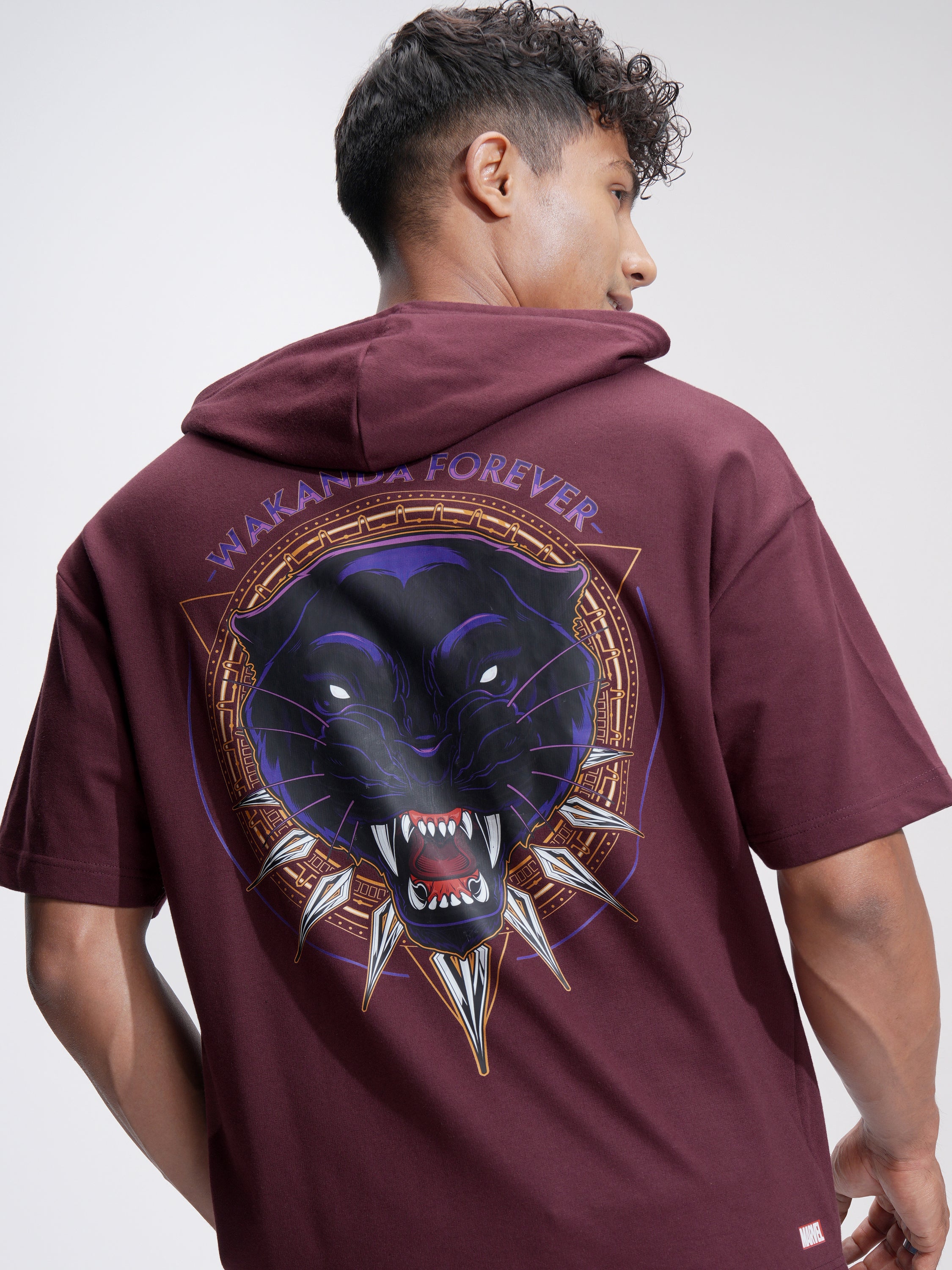 Marvel By Highlander Men Burgundy Black Panther Hooded Pullover Sweatshirt - Burgundy - Image 1
