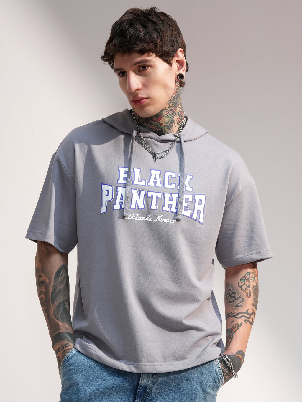 Marvel By Highlander Men Grey Black Panther Hooded Pullover Sweatshirt - Grey - Image 3