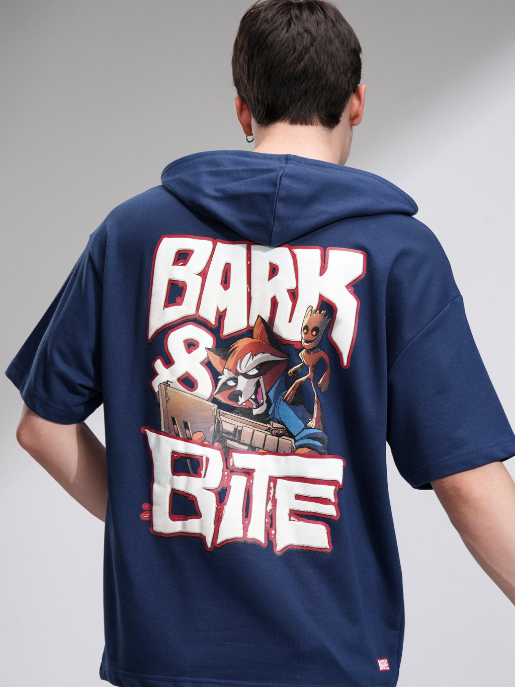 Marvel By Highlander Men Navy Blue Groot And Rocket Hooded Pullover Sweatshirt - Navy Blue - Image 1