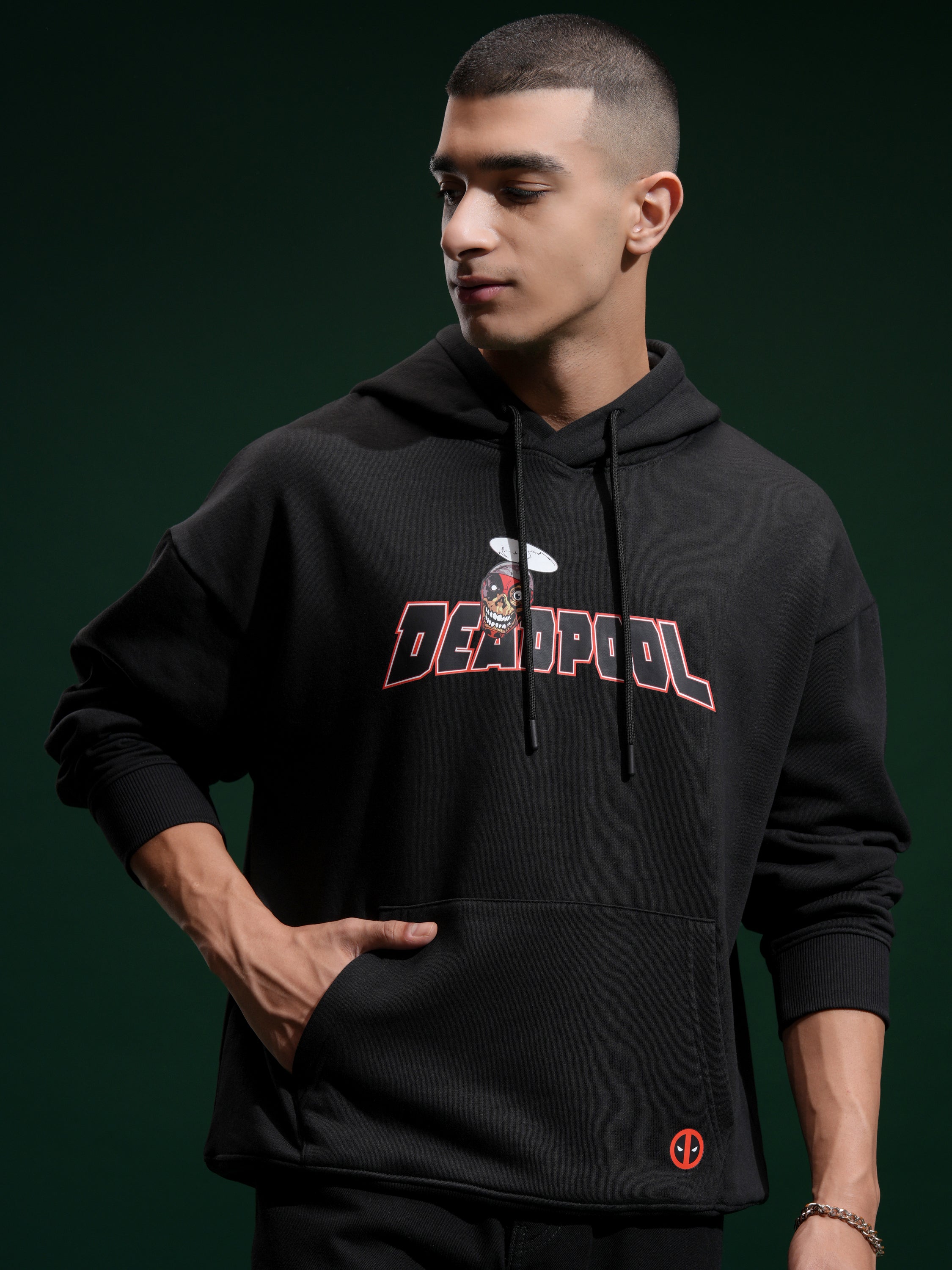 Marvel By Highlander Men Black Deadpool Hooded Pullover Sweatshirt - Black - Image 3