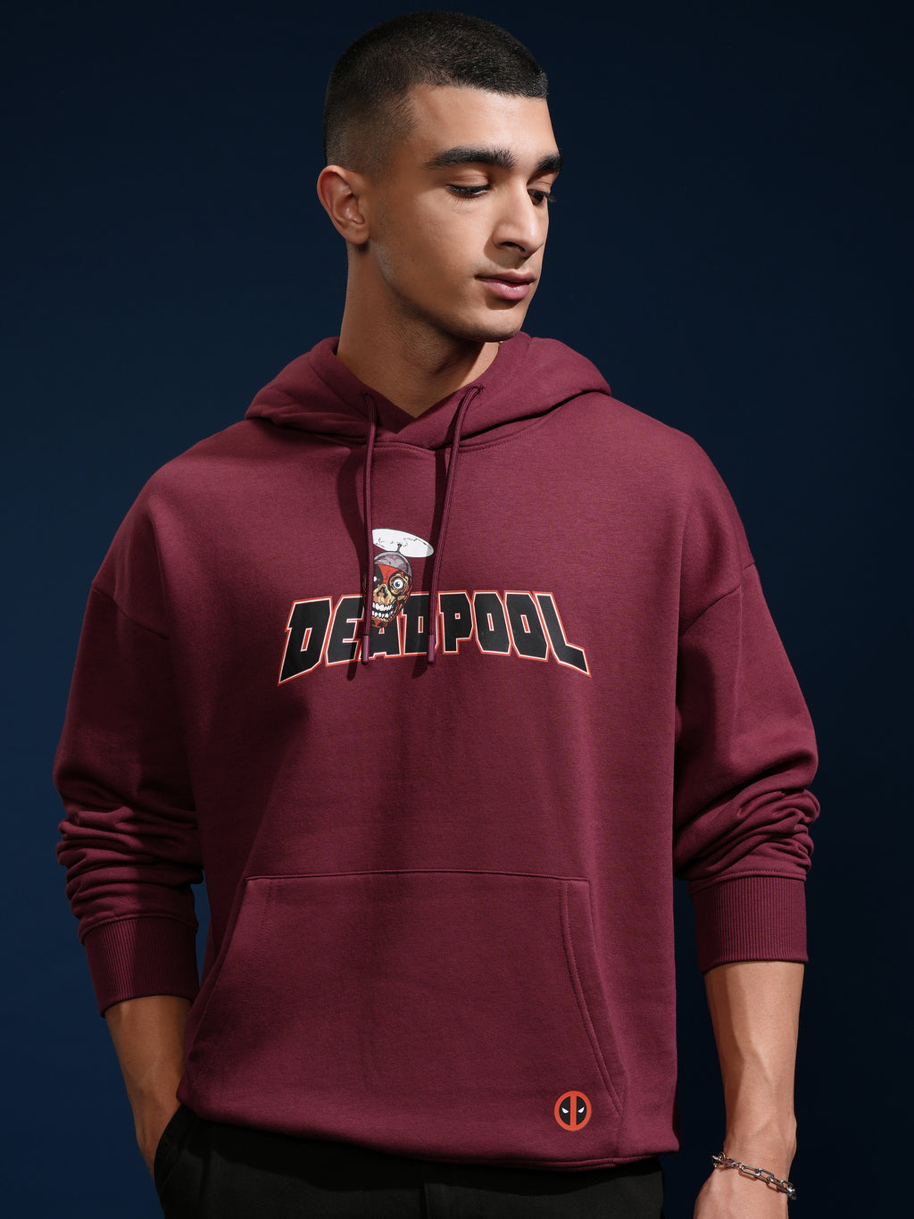 Marvel By Highlander Men Maroon Deadpool Hooded Pullover Sweatshirt - Maroon - Image 3