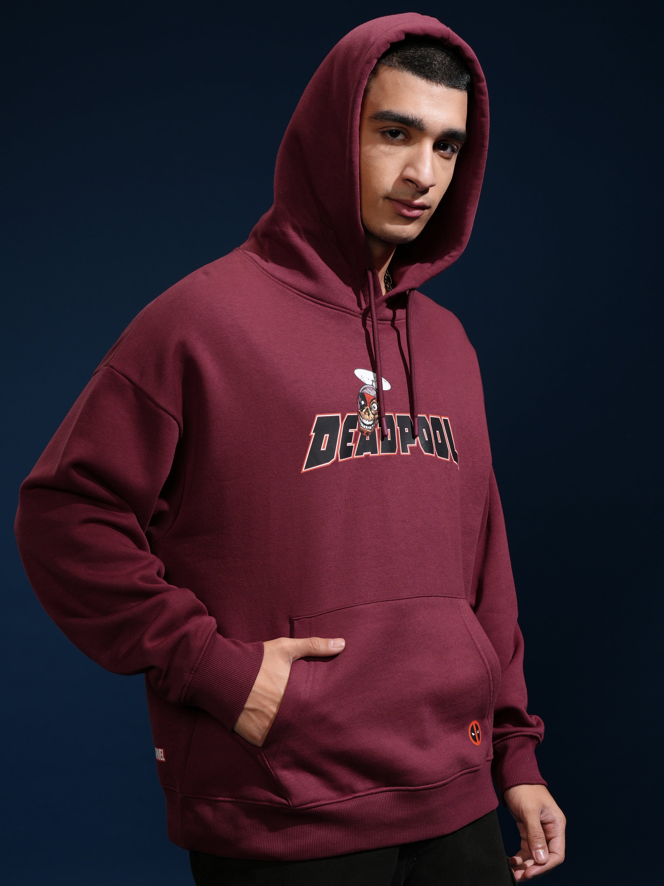 Marvel By Highlander Men Maroon Deadpool Hooded Pullover Sweatshirt - Maroon - Image 6