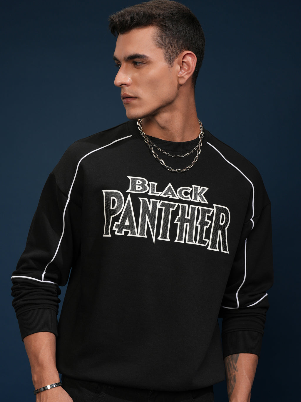 Marvel By Highlander Men Black Black Panther Round Neck Pullover Sweatshirt - Black - Image 1