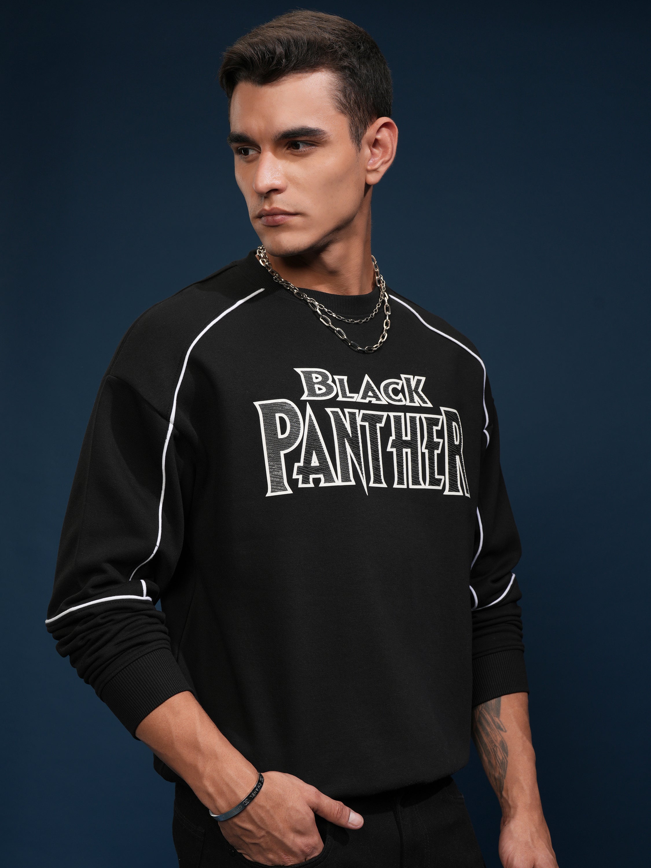 Marvel By Highlander Men Black Black Panther Round Neck Pullover Sweatshirt - Black - Image 6