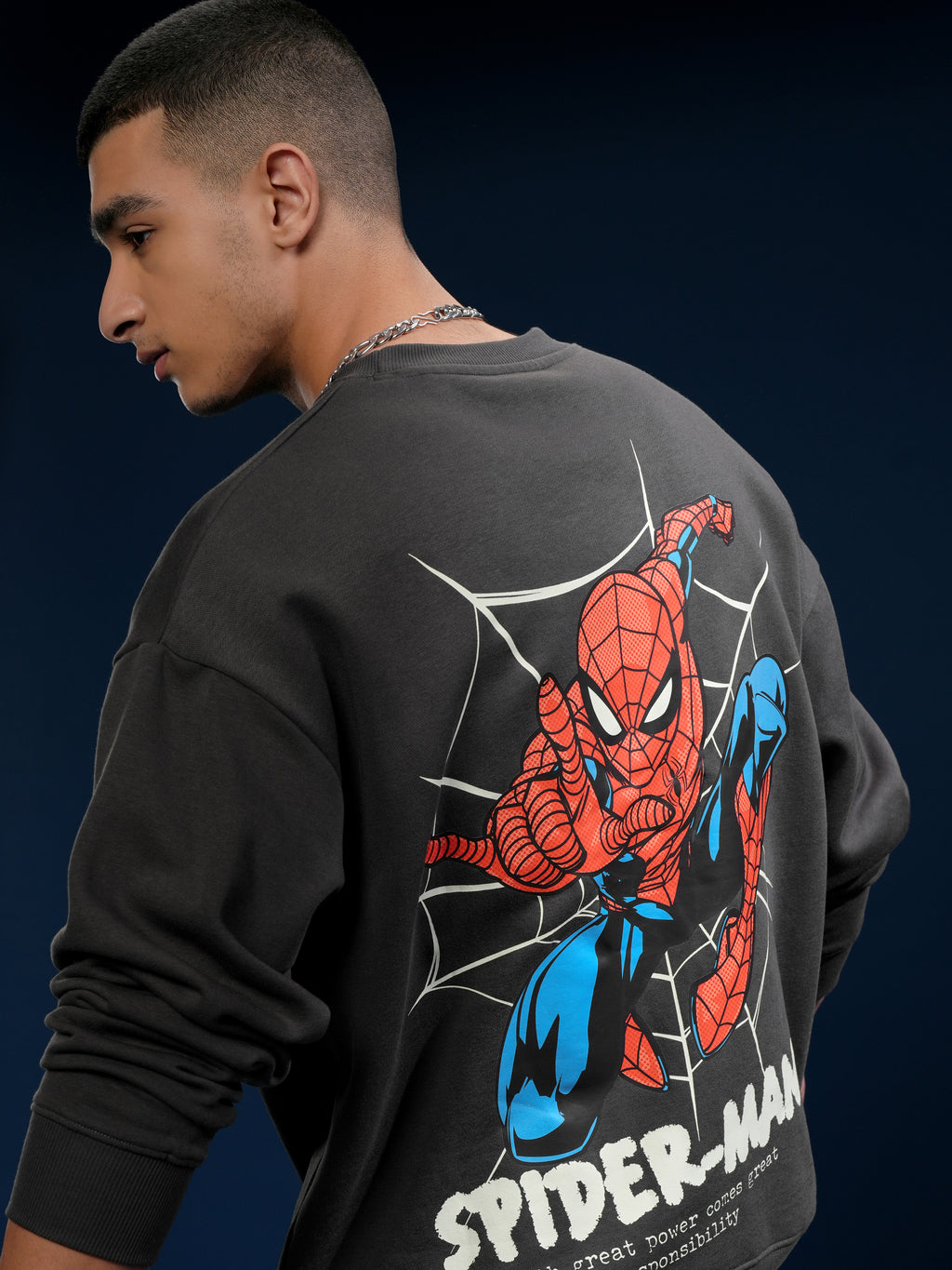 Marvel By Highlander Men Grey Spider-Man Round Neck Pullover Sweatshirt - Grey - Image 1