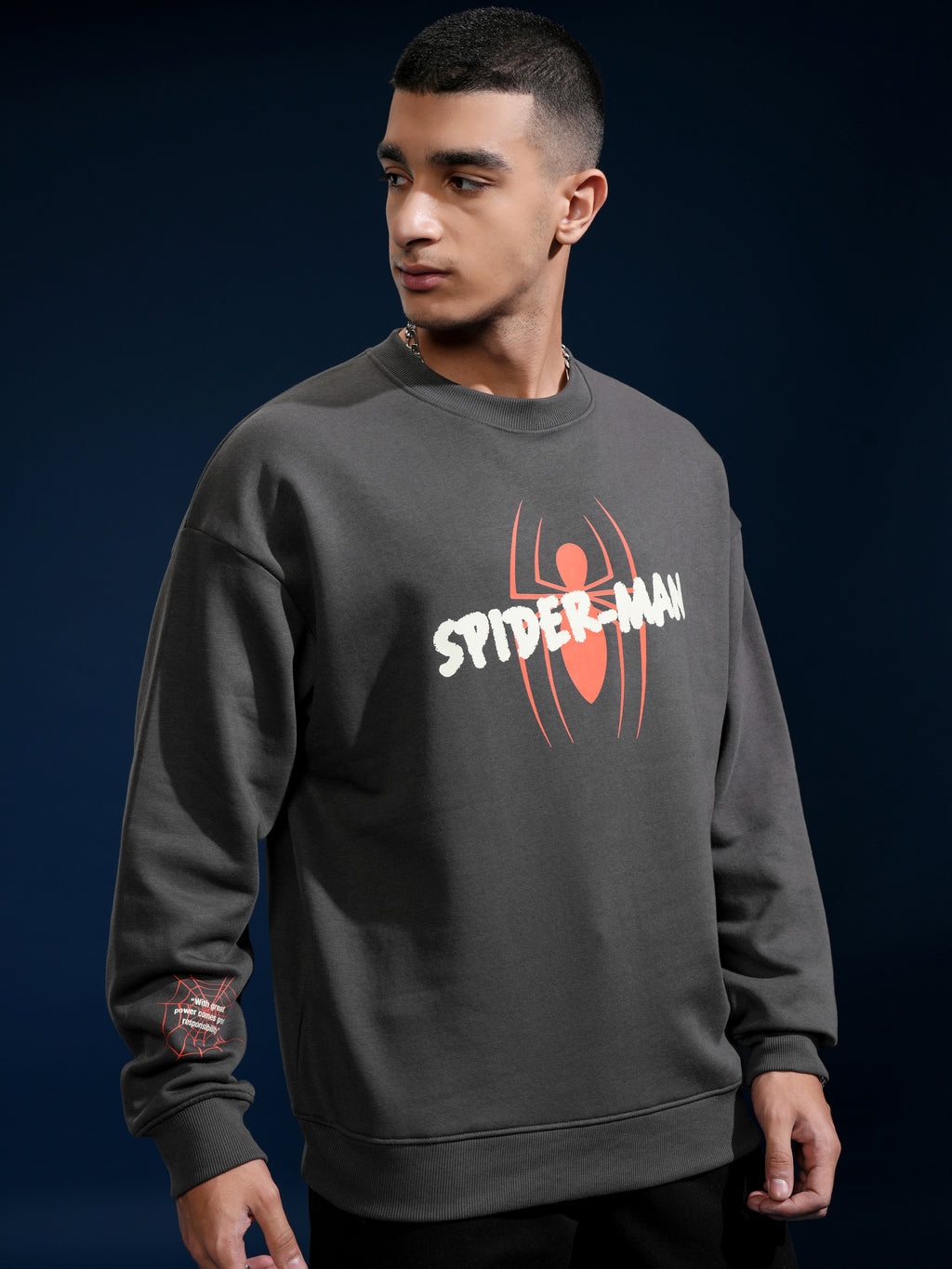 Marvel By Highlander Men Grey Spider-Man Round Neck Pullover Sweatshirt - Grey - Image 3