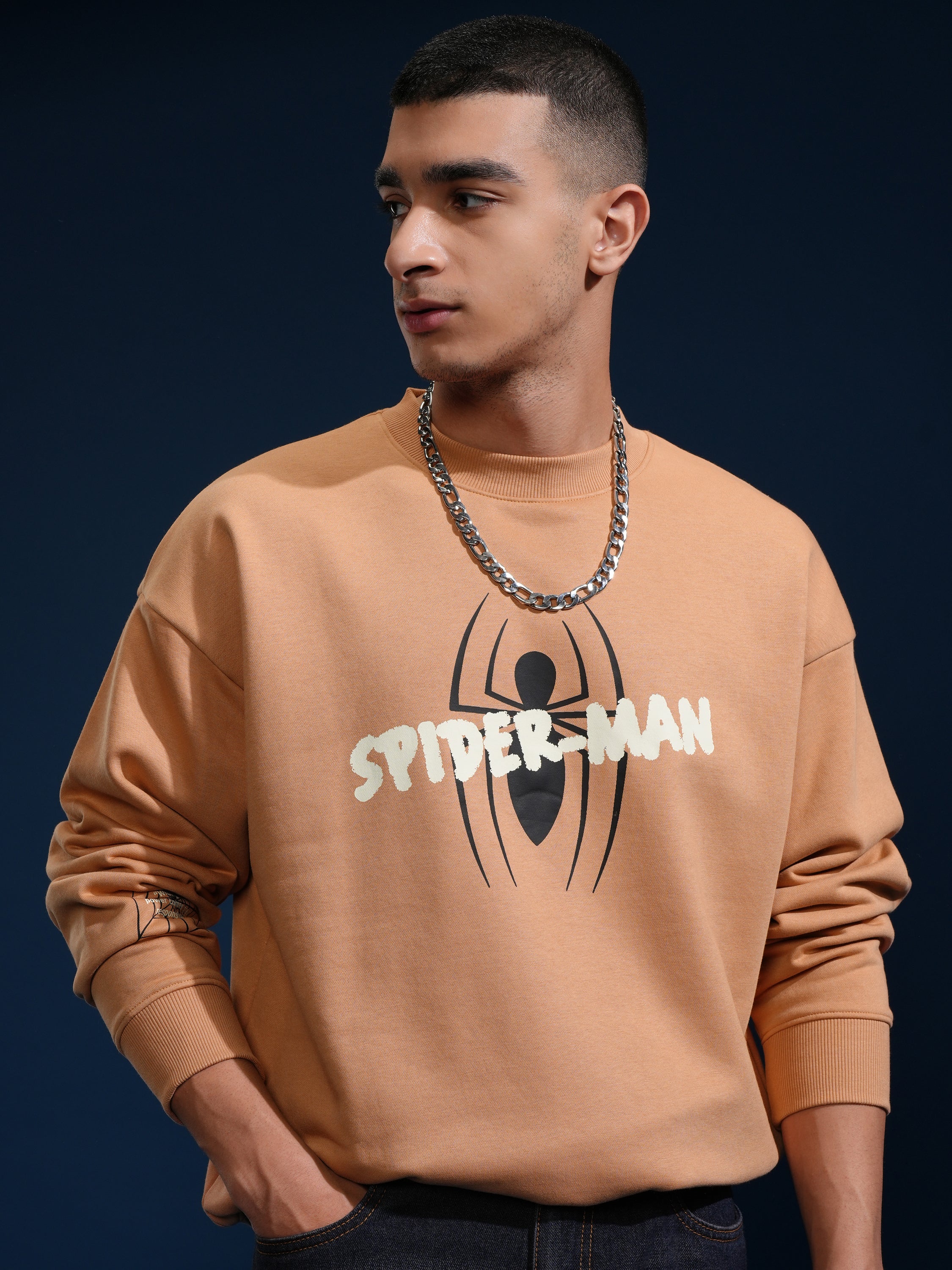 Marvel By Highlander Men Brown Spider-Man Round Neck Pullover Sweatshirt - Brown - Image 3