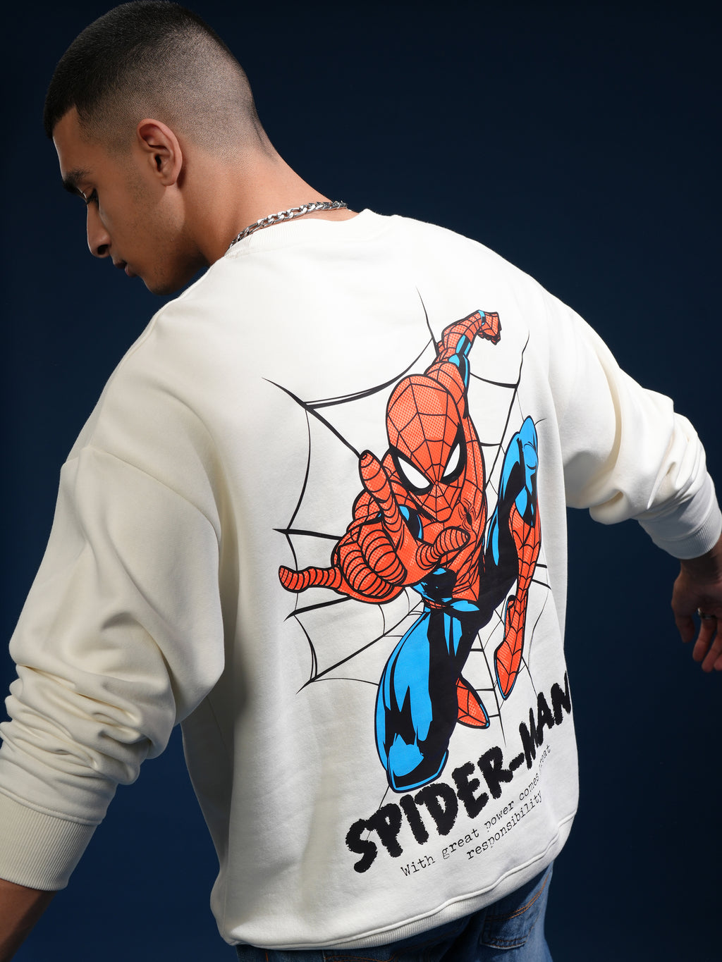 Marvel By Highlander Men White Spider-Man Round Neck Pullover Sweatshirt - White - Image 1