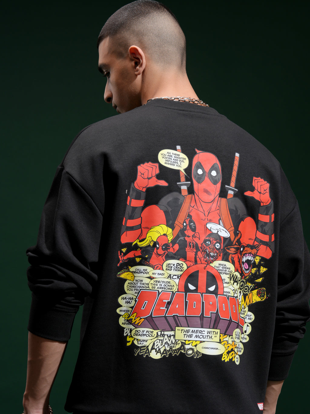 Marvel By Highlander Men Black Deadpool Round Neck Pullover Sweatshirt - Black - Image 1