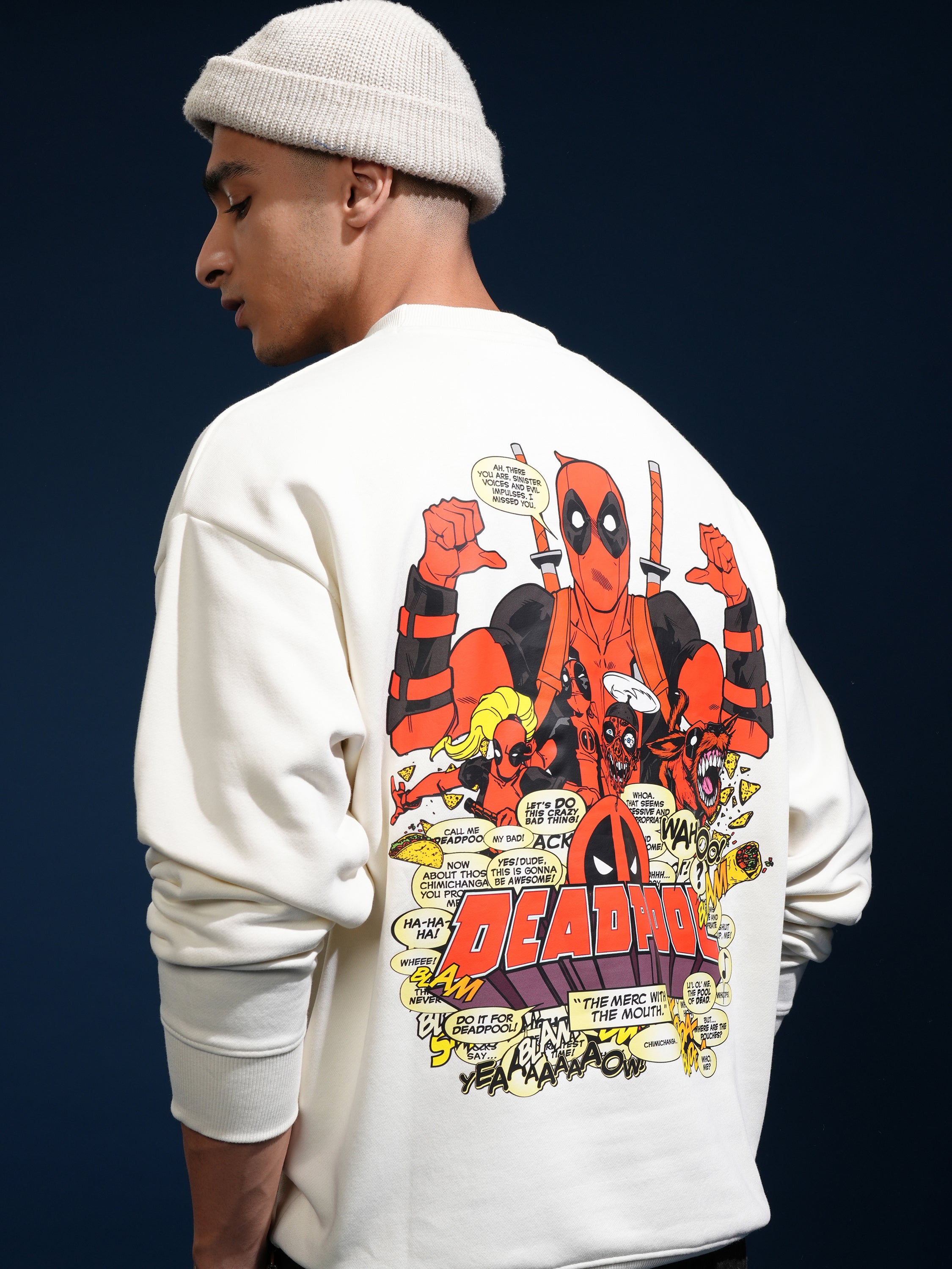 Marvel By Highlander Men White Deadpool Round Neck Pullover Sweatshirt - White - Image 1