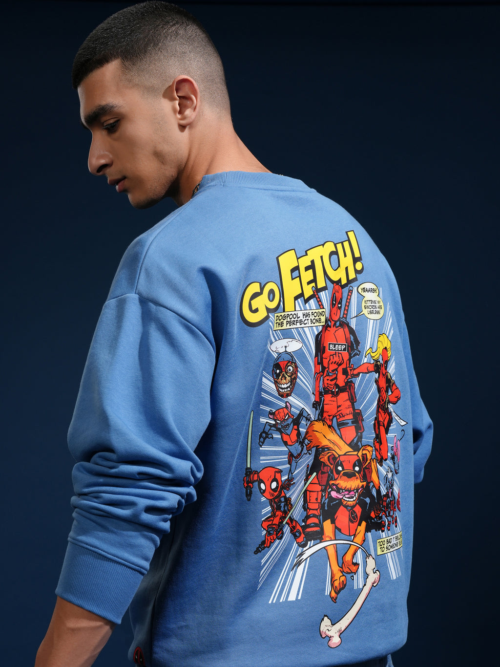 Marvel By Highlander Men Blue Deadpool Round Neck Pullover Sweatshirt - Blue - Image 1