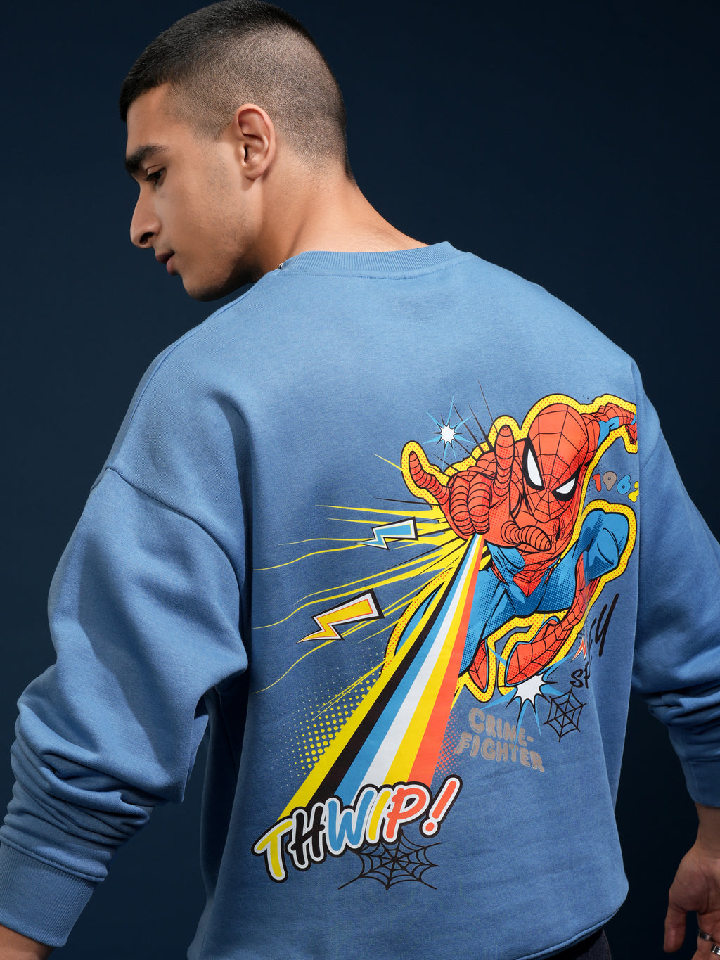 Marvel By Highlander Men Blue Spider-Man Round Neck Pullover Sweatshirt - Blue - Image 1