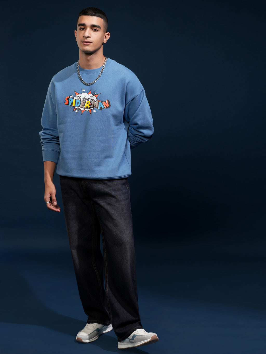 Marvel By Highlander Men Blue Spider-Man Round Neck Pullover Sweatshirt - Blue - Image 2