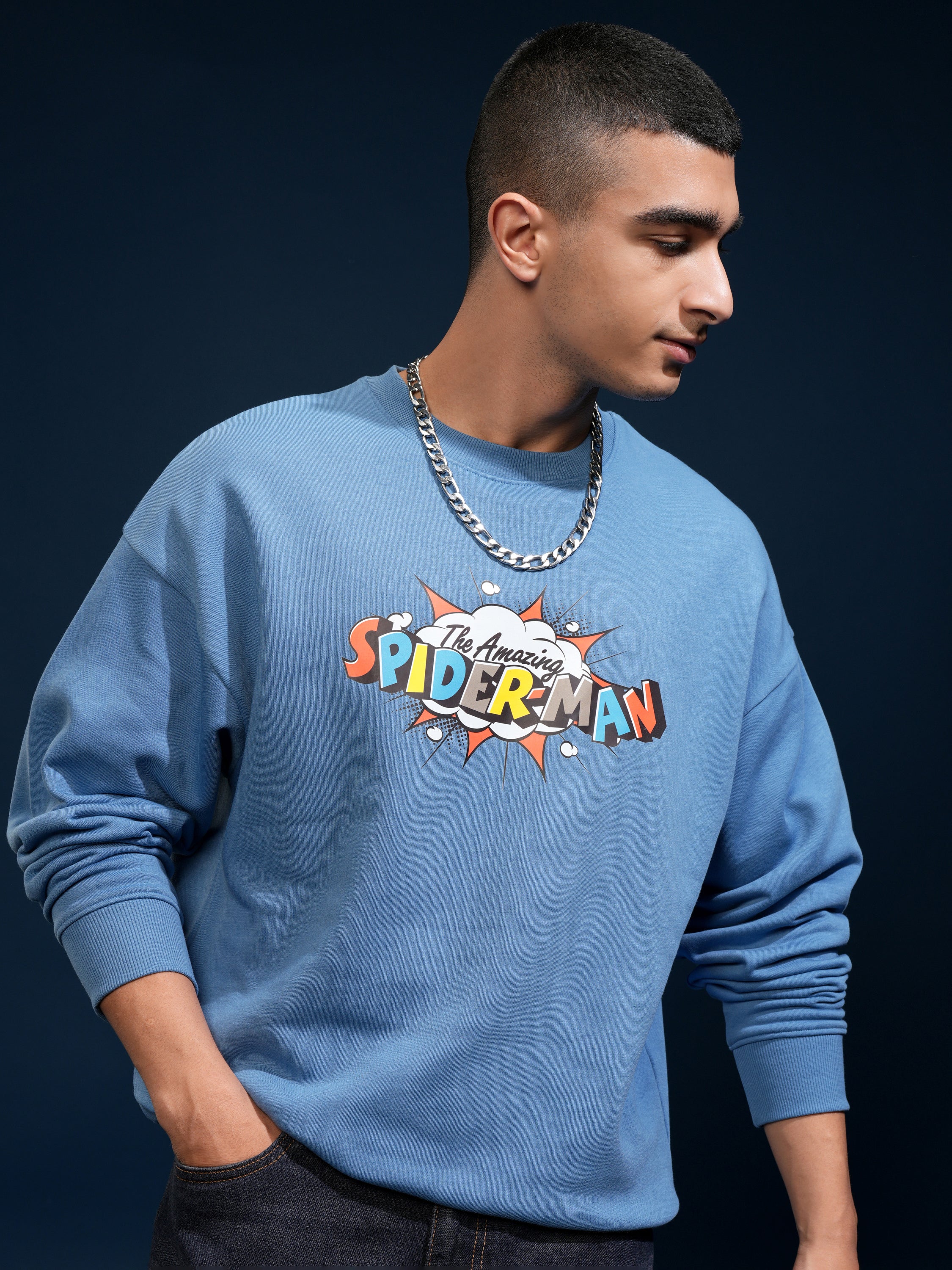 Marvel By Highlander Men Blue Spider-Man Round Neck Pullover Sweatshirt - Blue - Image 3