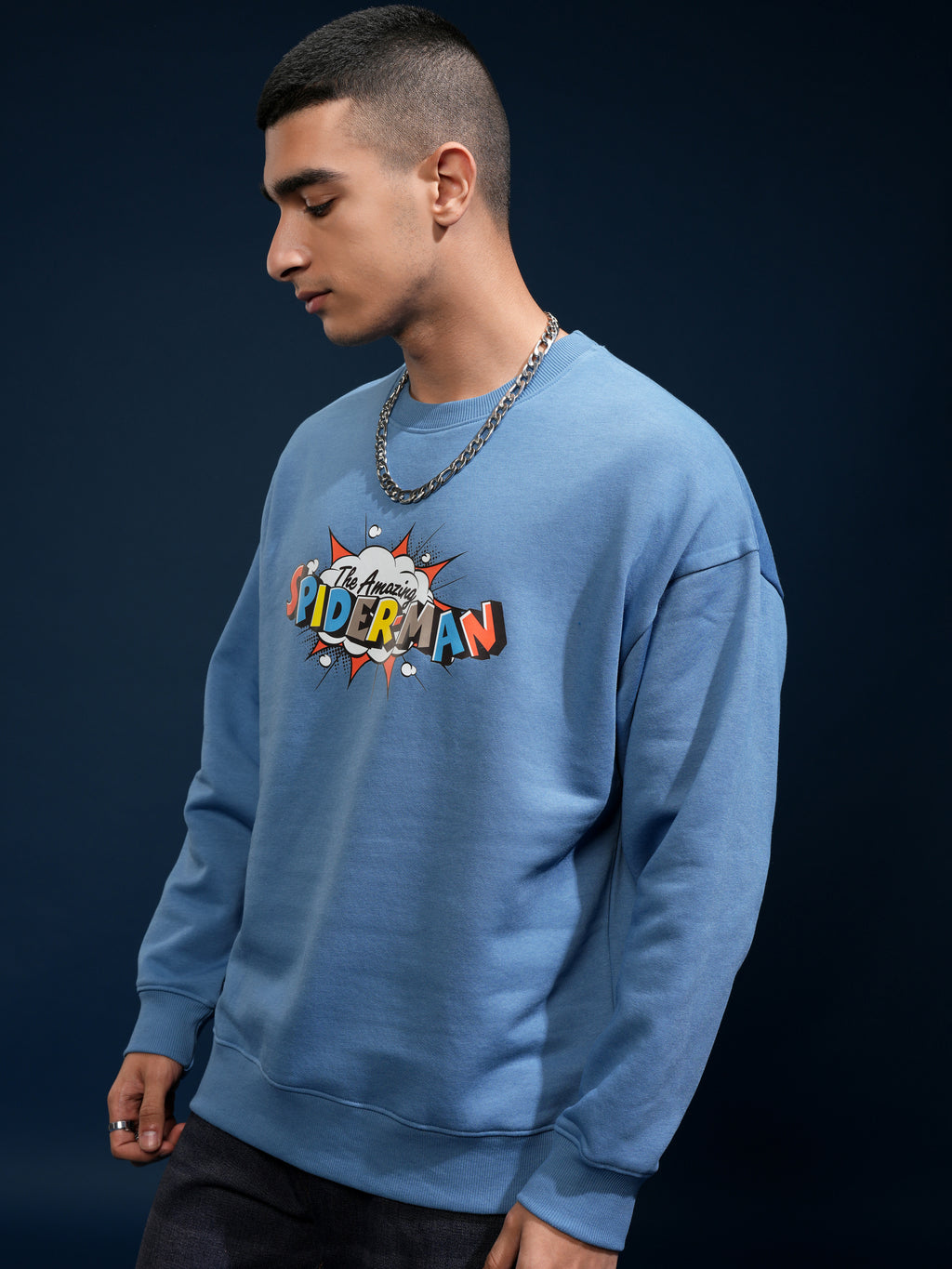 Marvel By Highlander Men Blue Spider-Man Round Neck Pullover Sweatshirt - Blue - Image 4