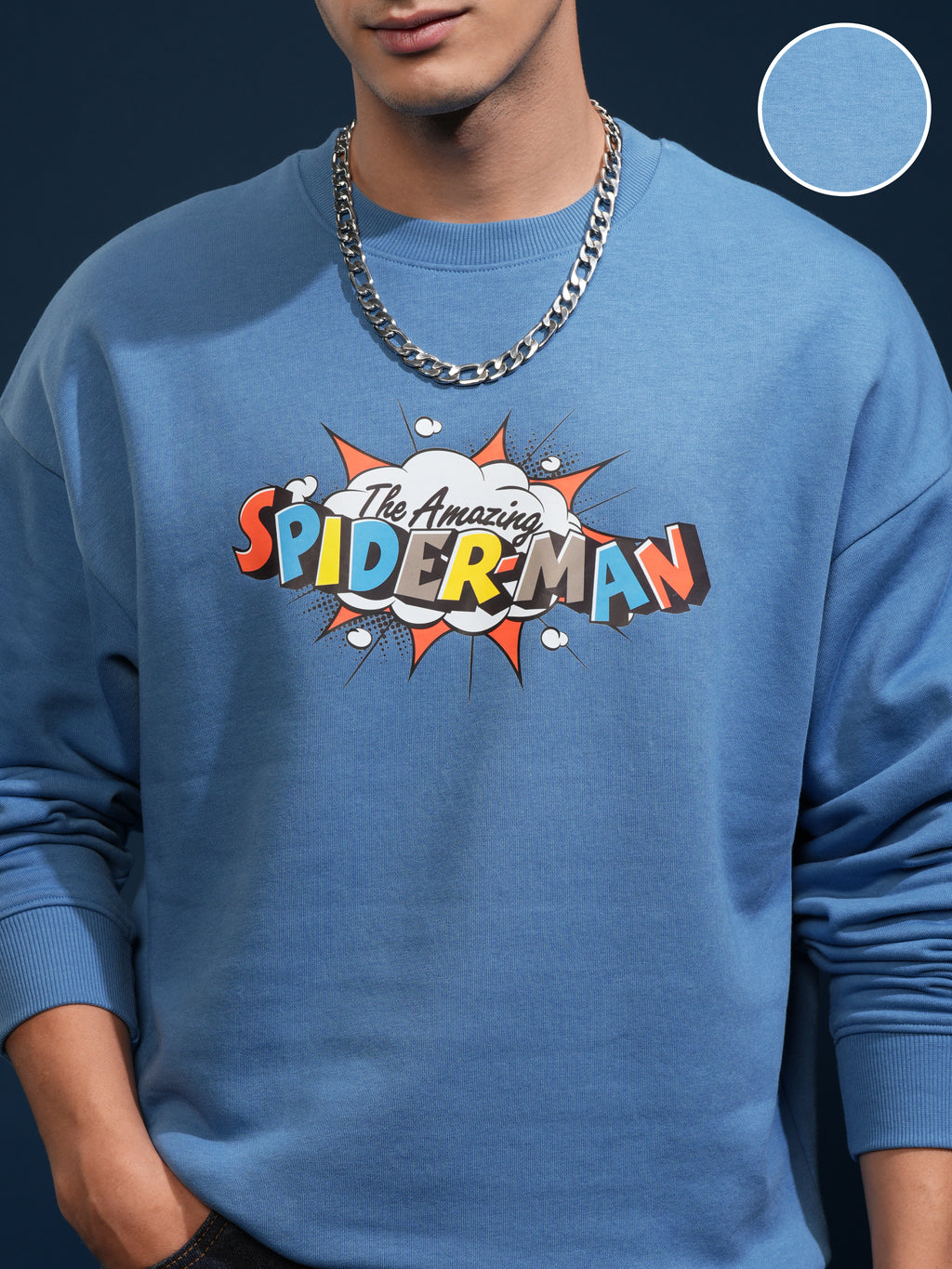 Marvel By Highlander Men Blue Spider-Man Round Neck Pullover Sweatshirt - Blue - Image 5