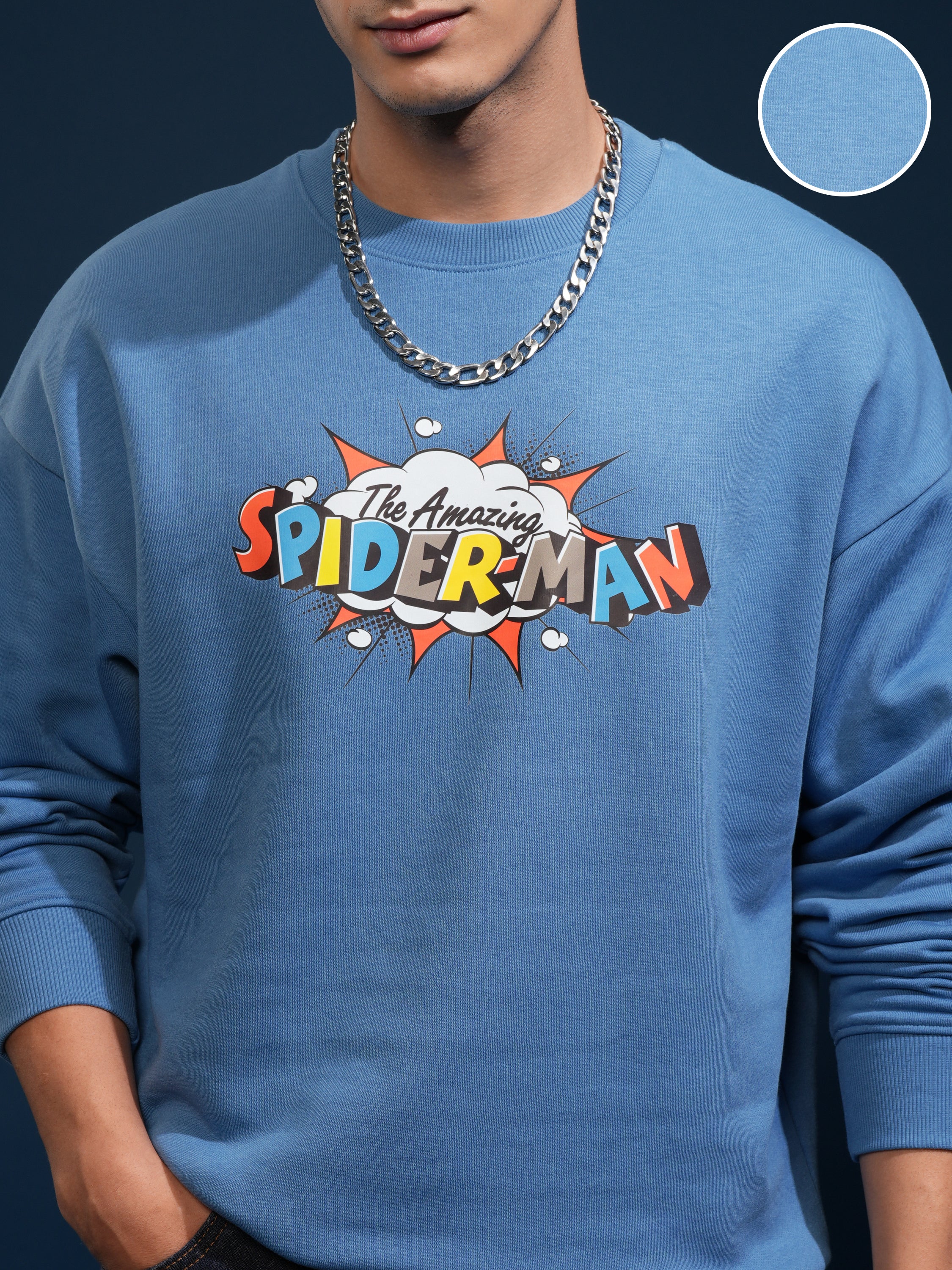 Marvel By Highlander Men Blue Spider-Man Round Neck Pullover Sweatshirt - Blue - Image 5