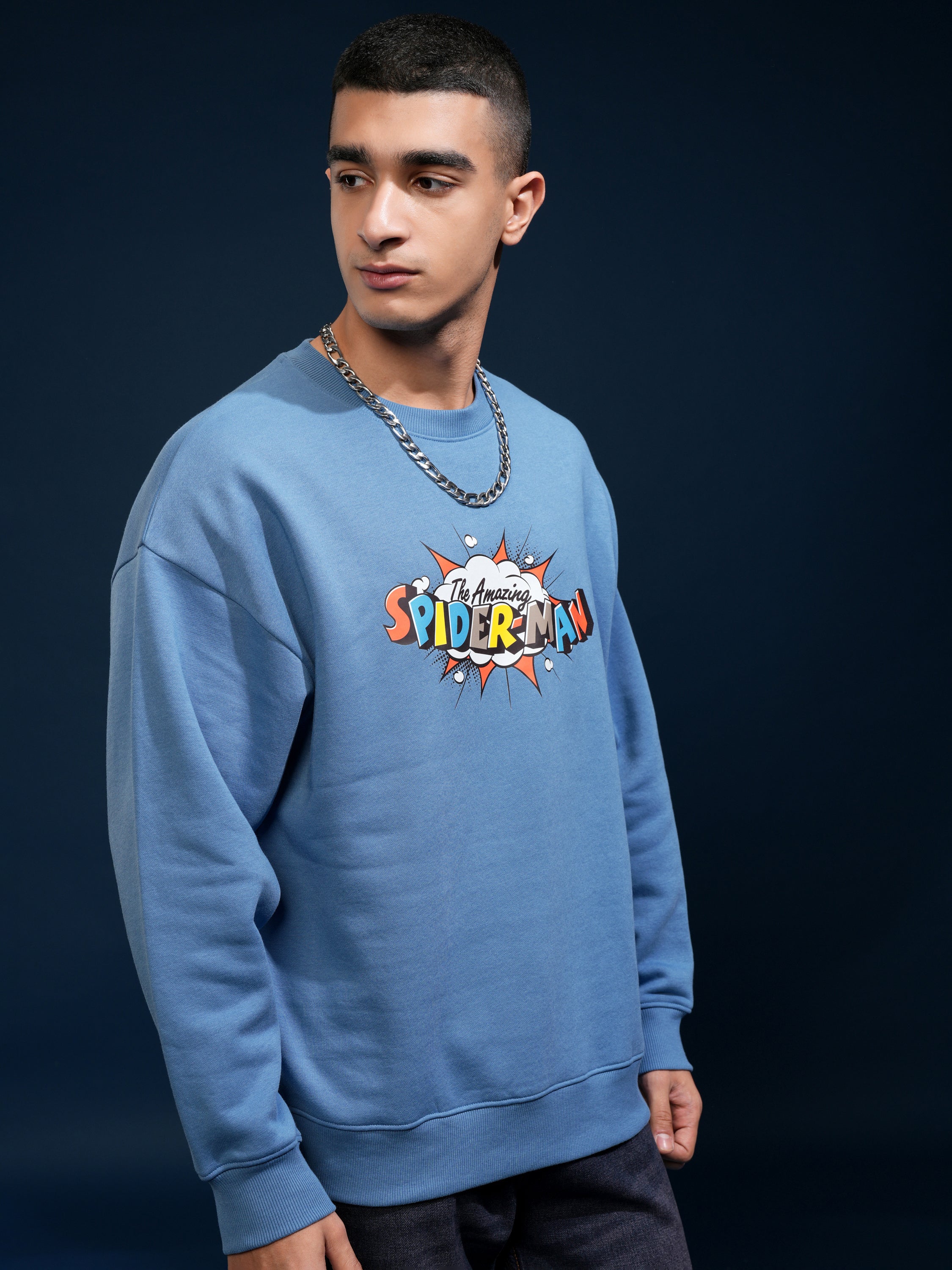 Marvel By Highlander Men Blue Spider-Man Round Neck Pullover Sweatshirt - Blue - Image 6