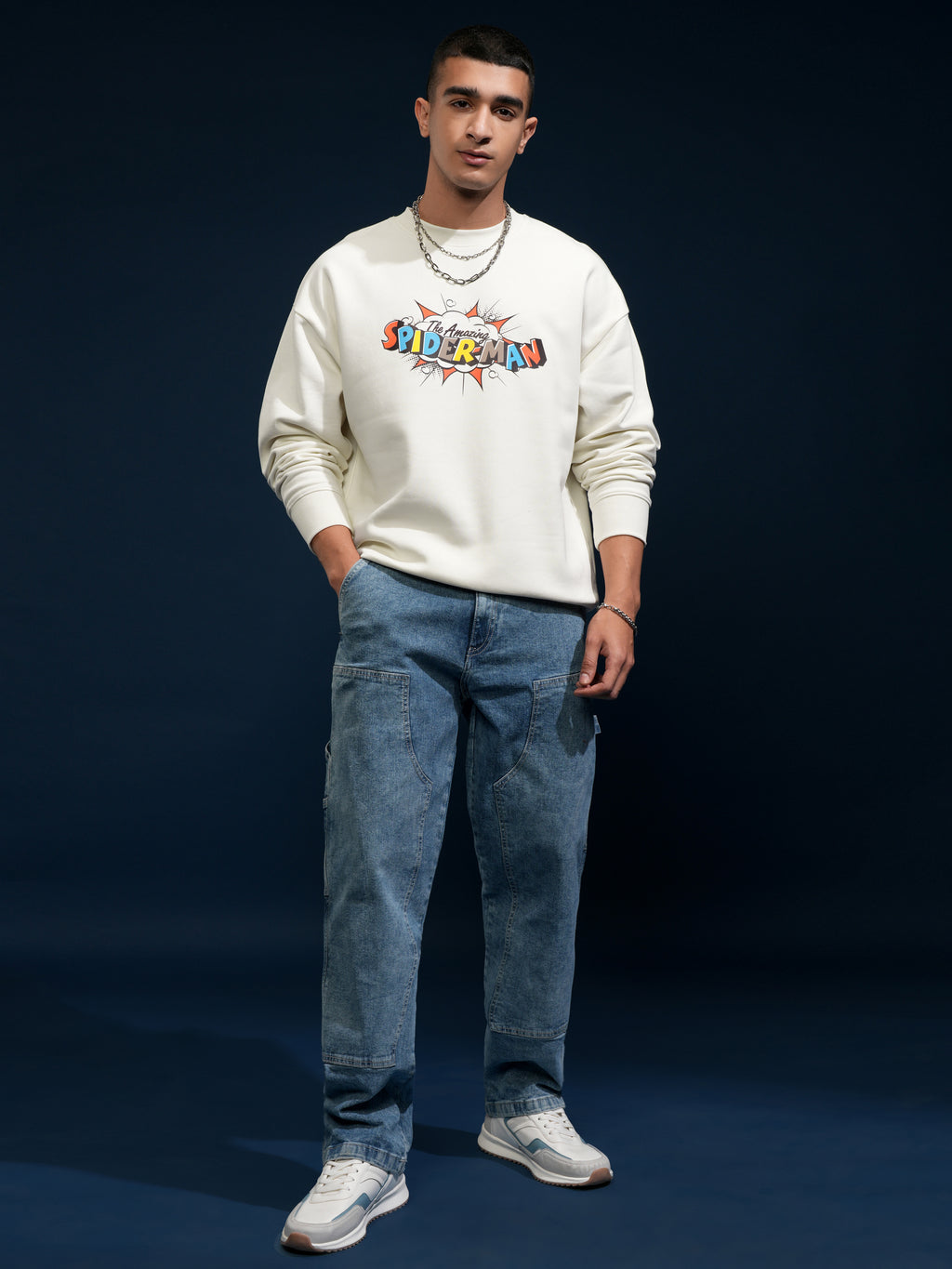 Marvel By Highlander Men White Spider-Man Round Neck Pullover Sweatshirt - White - Image 2
