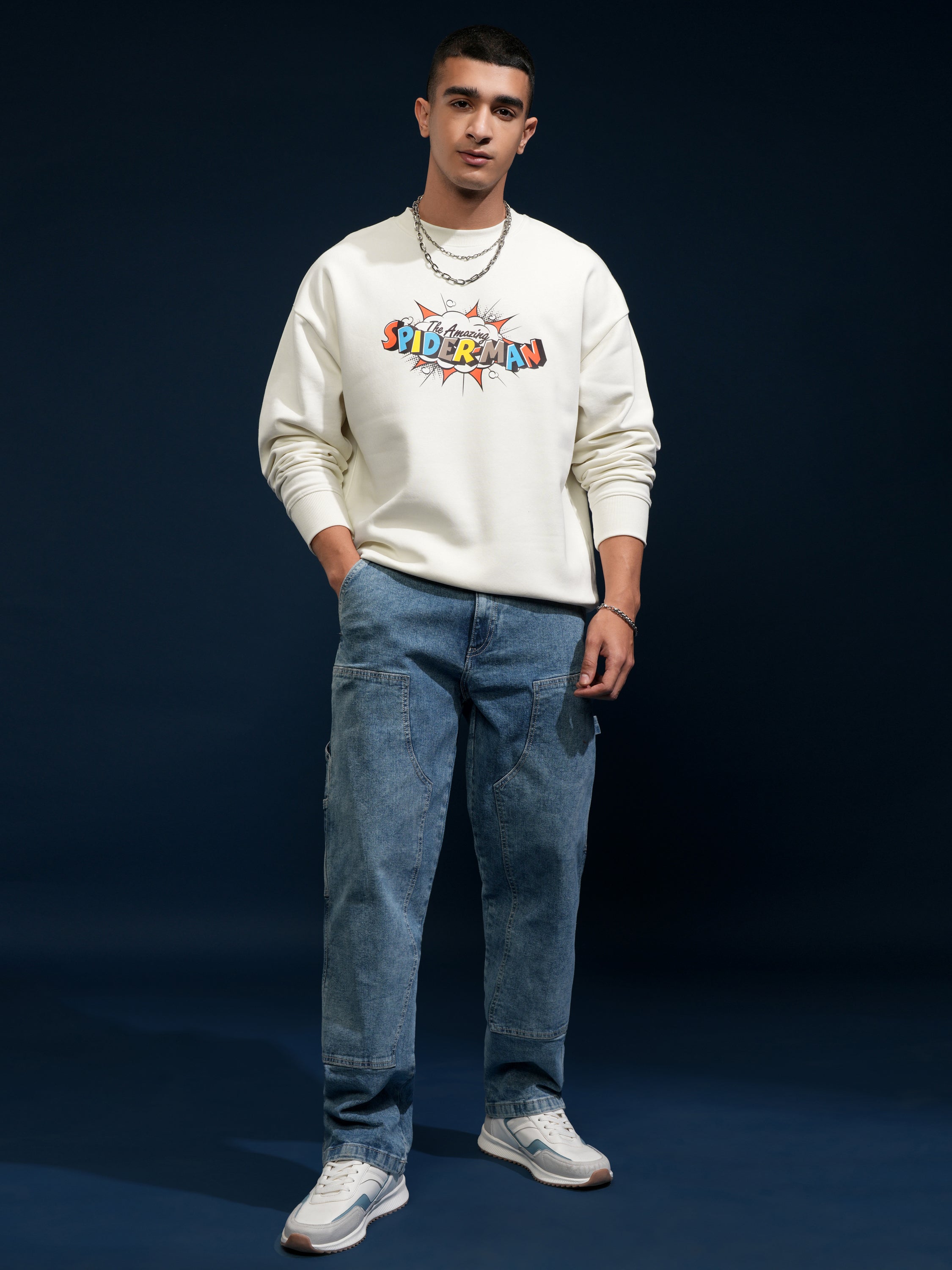 Marvel By Highlander Men White Spider-Man Round Neck Pullover Sweatshirt - White - Image 2