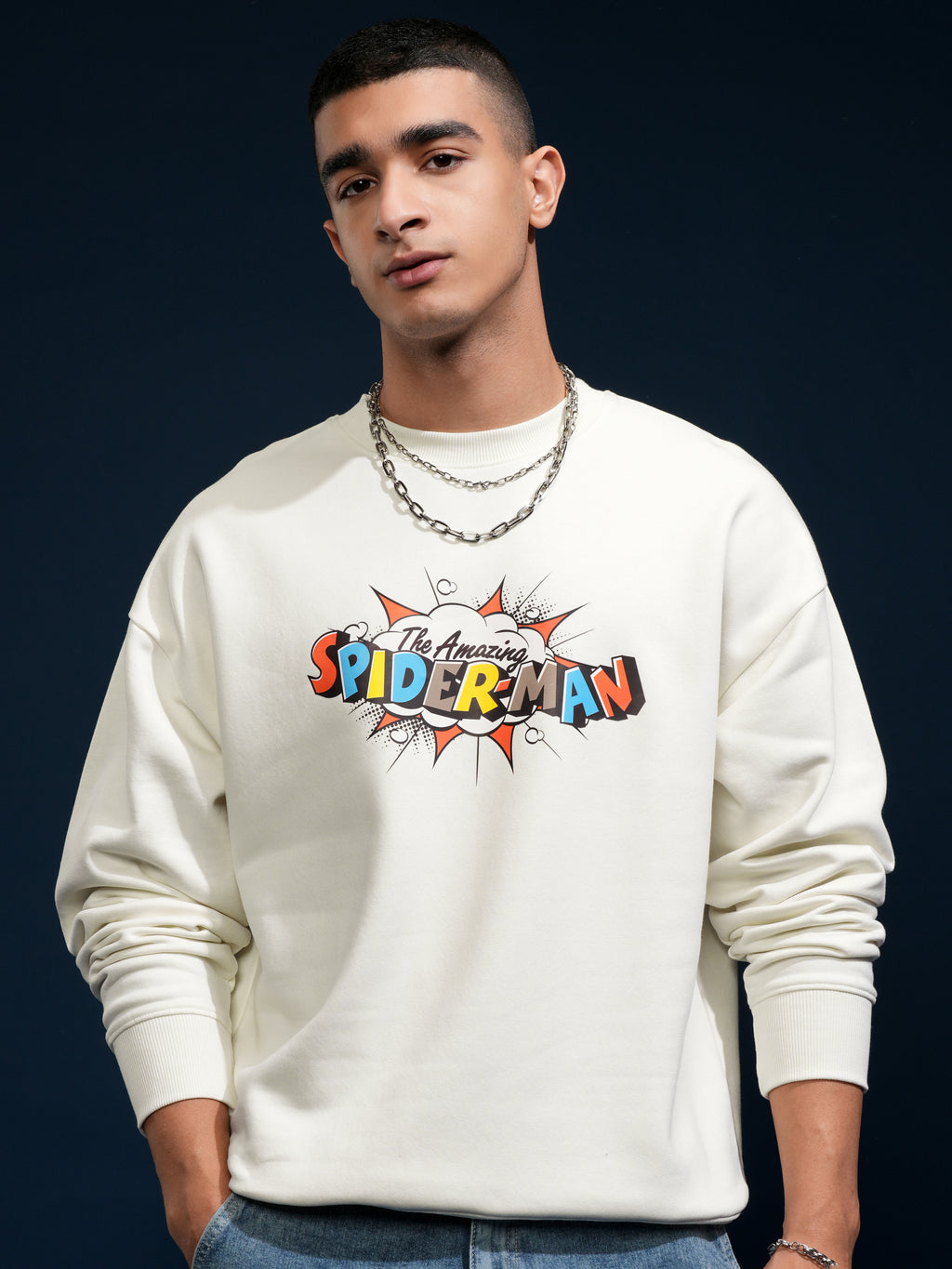 Marvel By Highlander Men White Spider-Man Round Neck Pullover Sweatshirt - White - Image 3