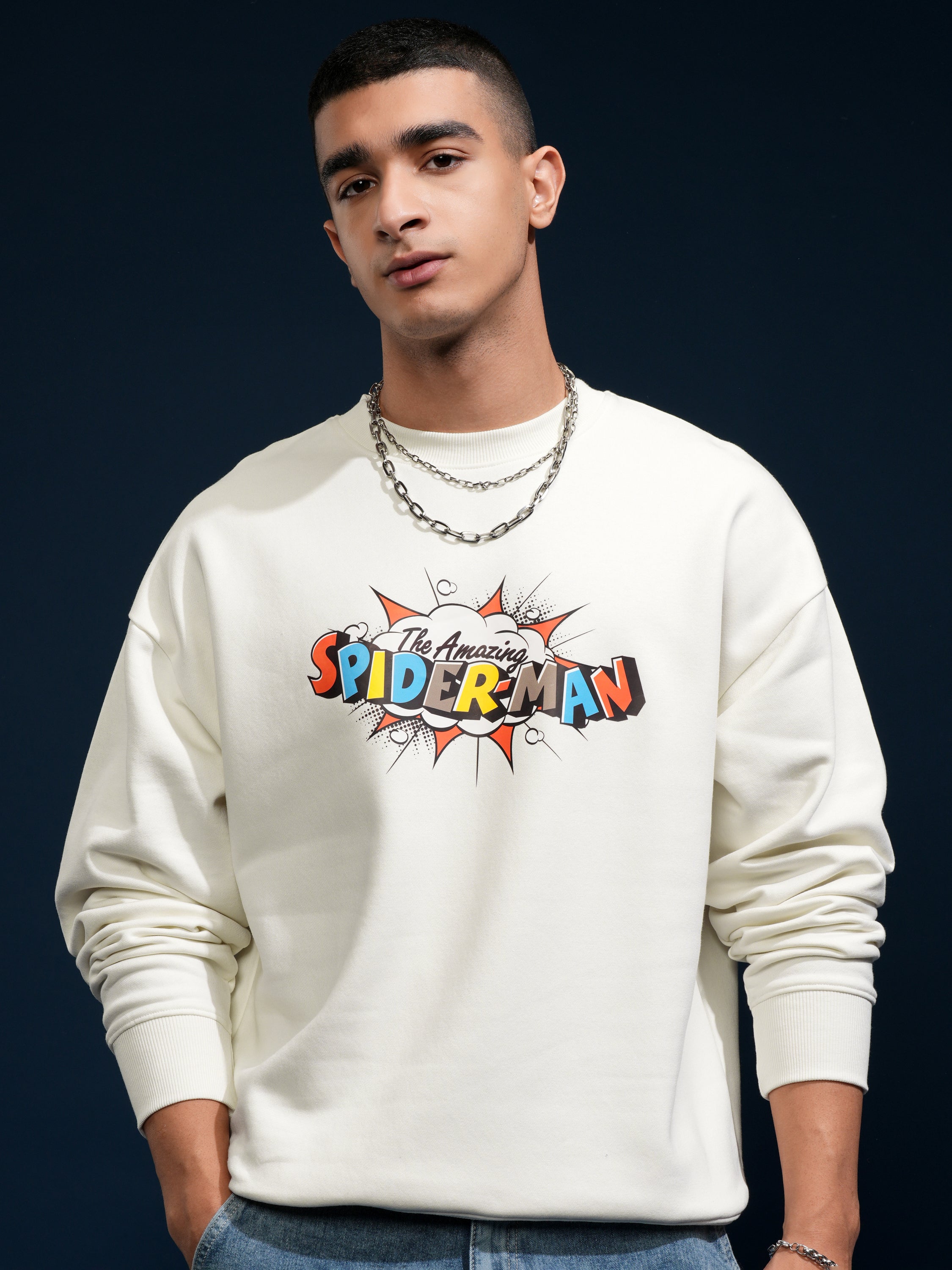 Marvel By Highlander Men White Spider-Man Round Neck Pullover Sweatshirt - White - Image 3