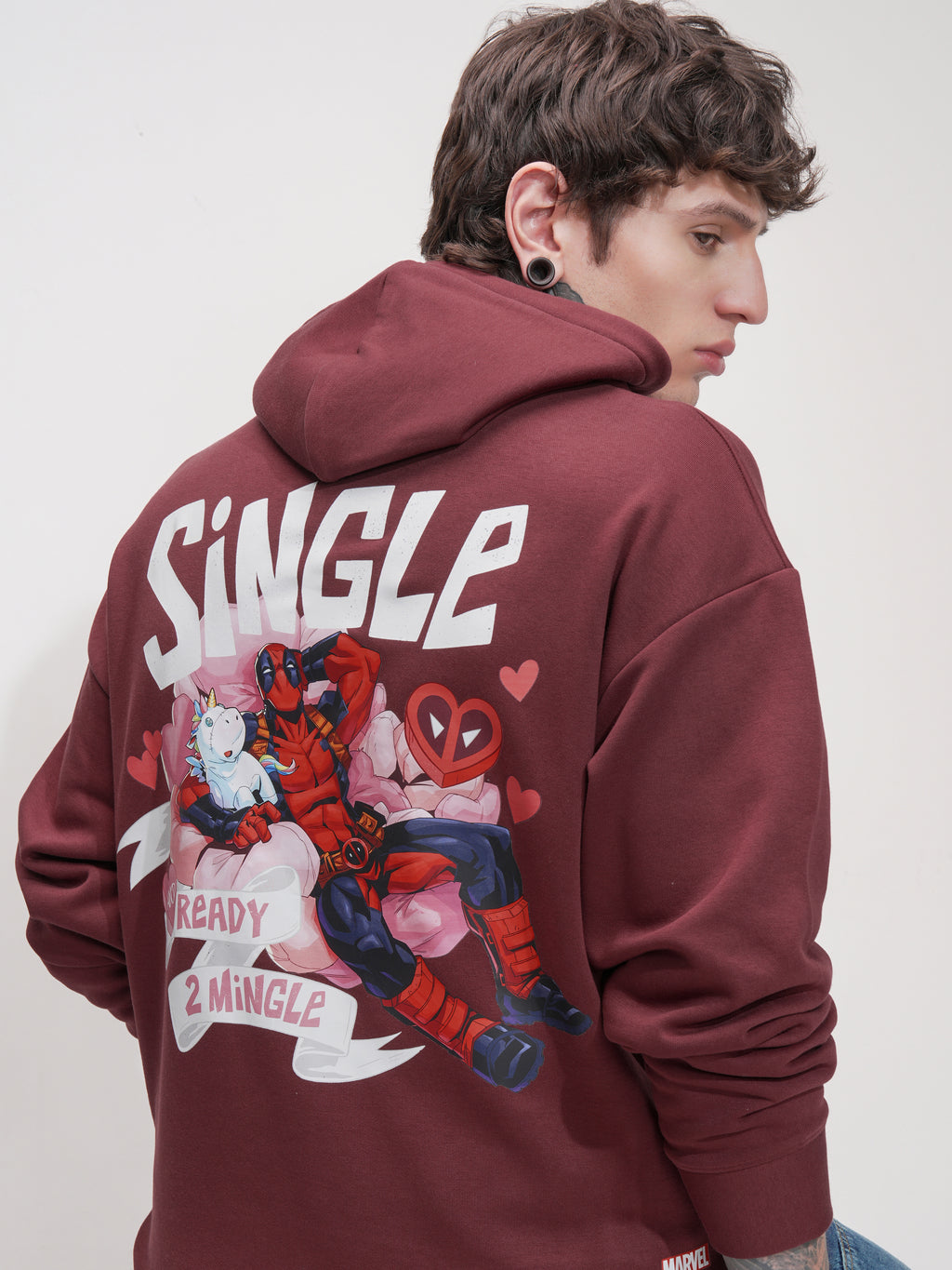 Marvel By Highlander Men Maroon Deadpool Hooded Pullover Sweatshirt - Maroon - Image 1