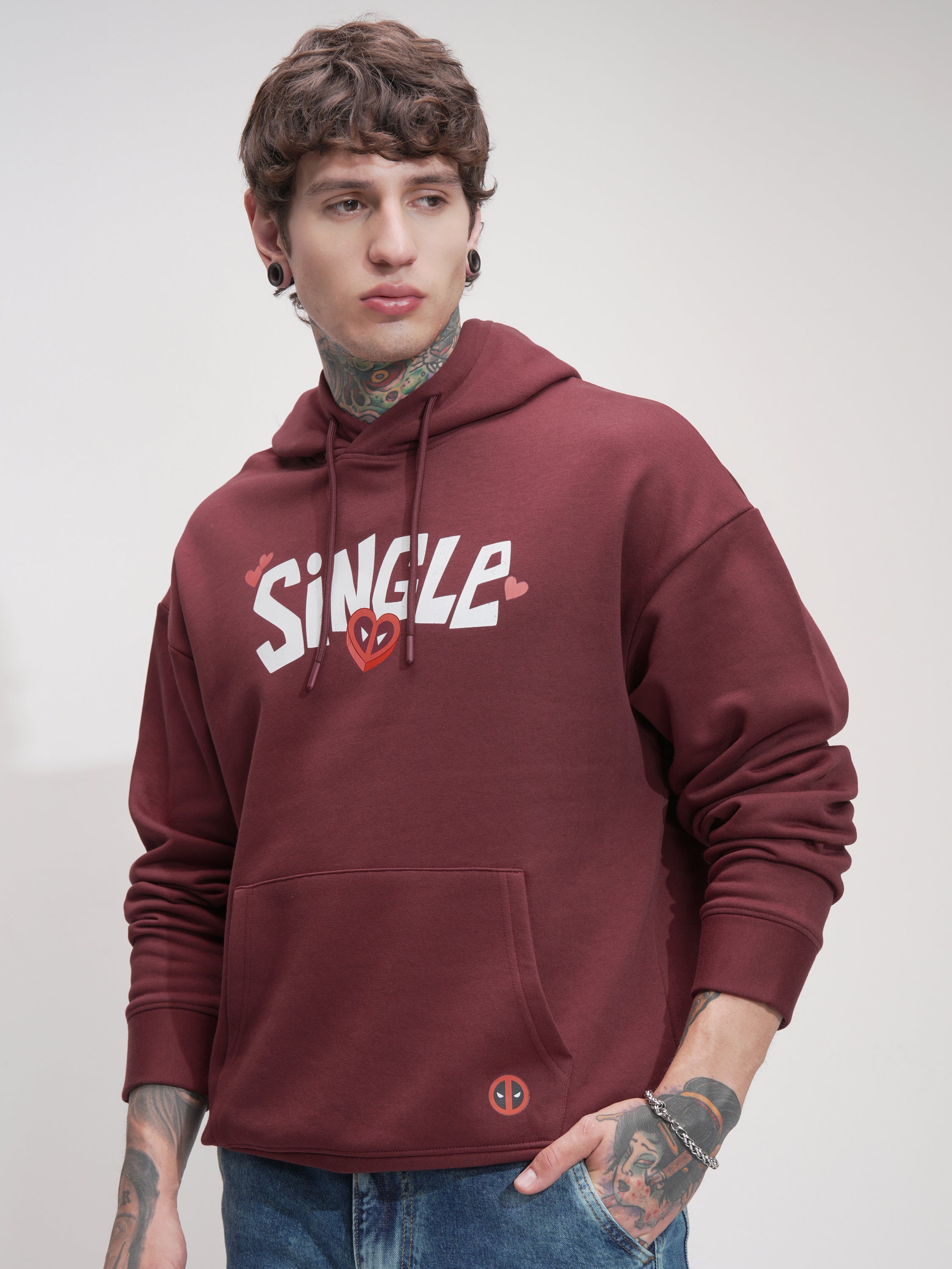 Marvel By Highlander Men Maroon Deadpool Hooded Pullover Sweatshirt - Maroon - Image 4