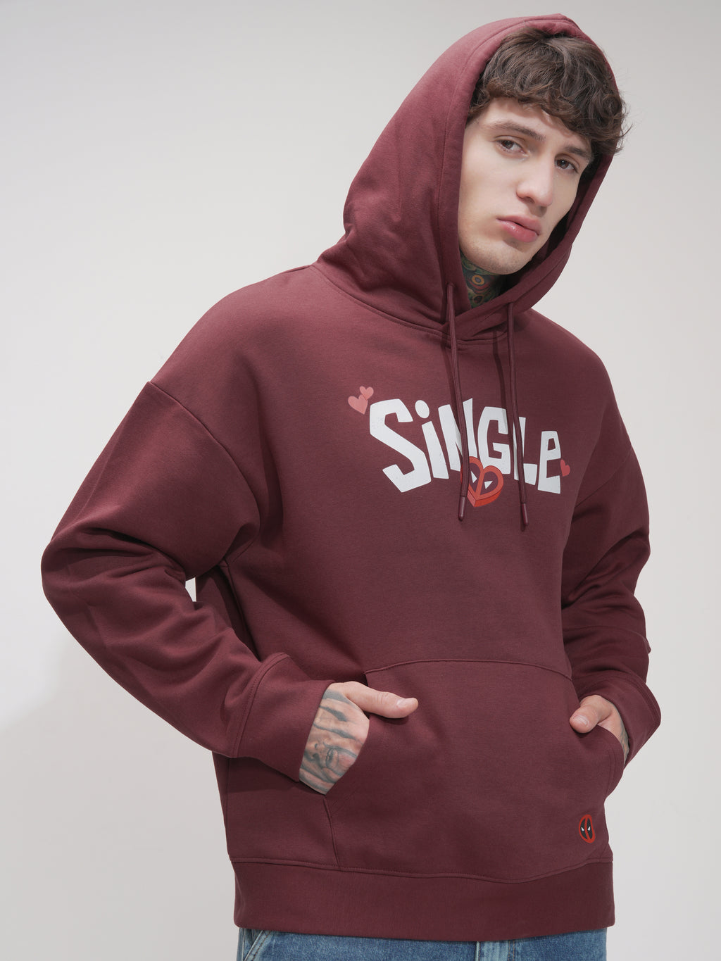 Marvel By Highlander Men Maroon Deadpool Hooded Pullover Sweatshirt - Maroon - Image 6