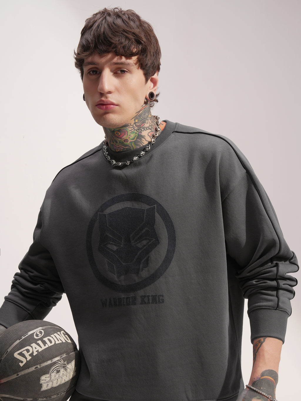 Marvel By Highlander Men Grey Black Panther Round Neck Pullover Sweatshirt - Grey - Image 1