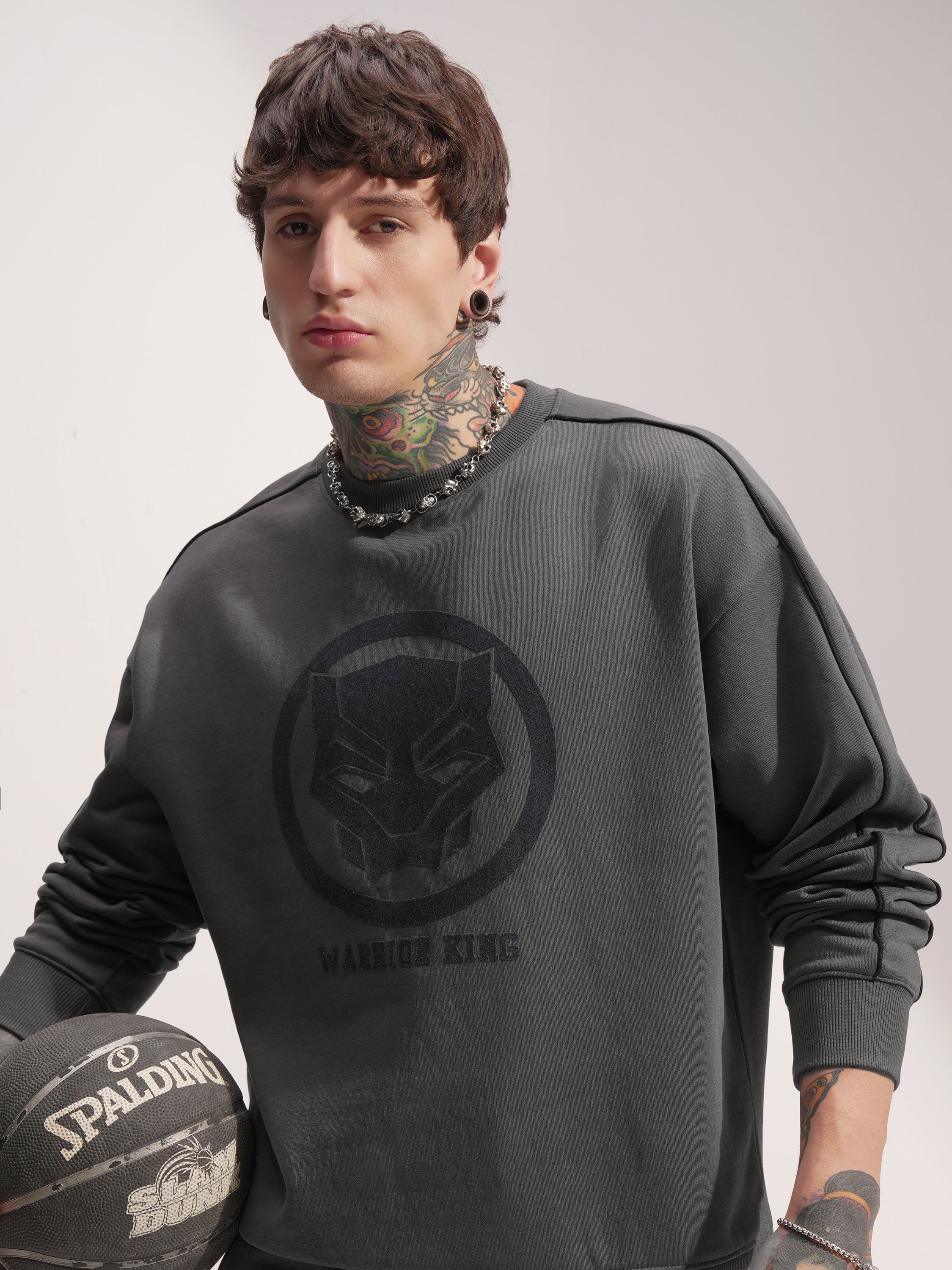 Marvel By Highlander Men Grey Black Panther Round Neck Pullover Sweatshirt - Grey - Image 1