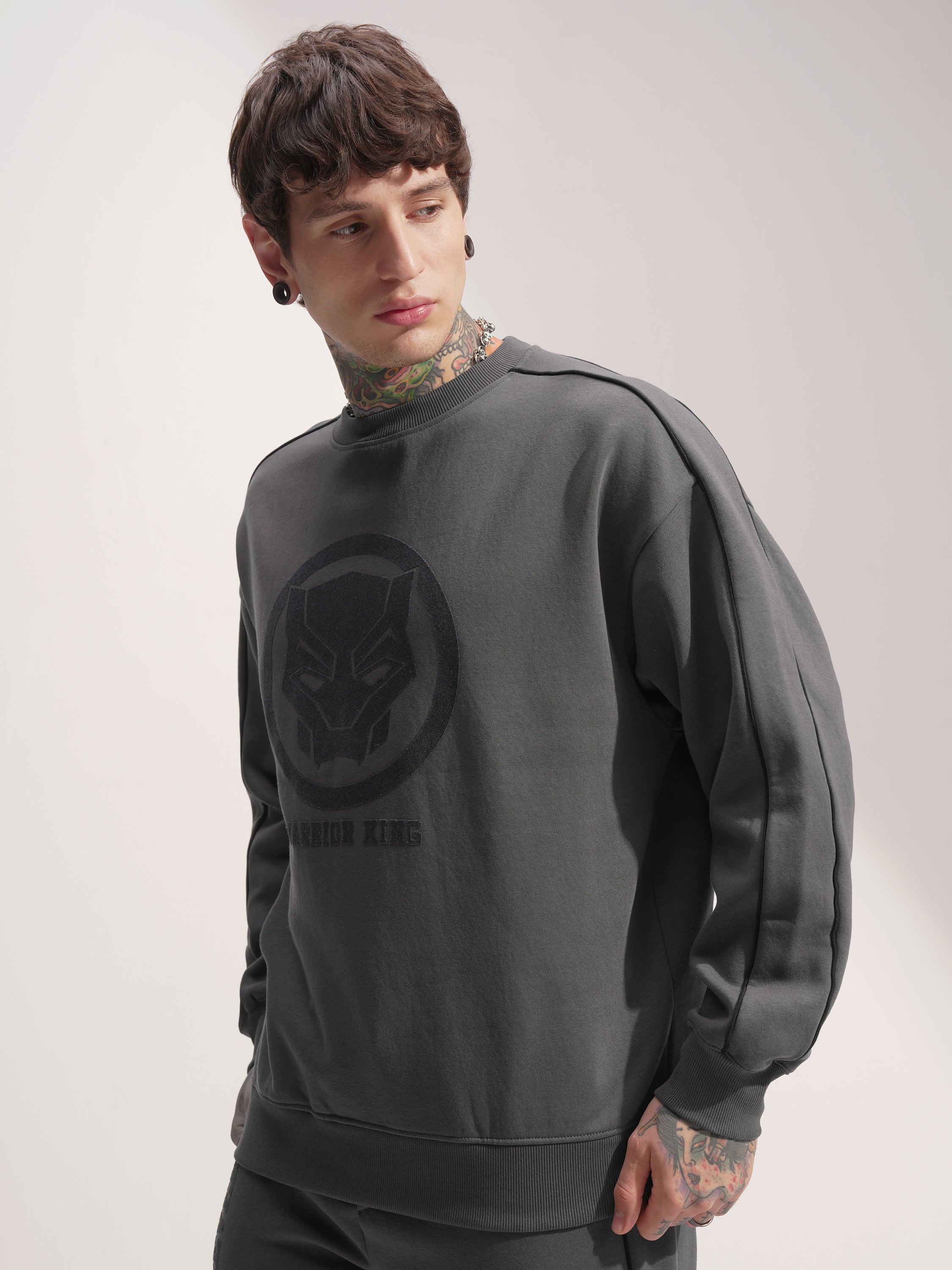 Marvel By Highlander Men Grey Black Panther Round Neck Pullover Sweatshirt - Grey - Image 4