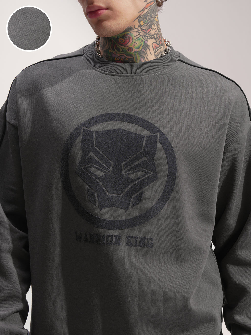 Marvel By Highlander Men Grey Black Panther Round Neck Pullover Sweatshirt - Grey - Image 5