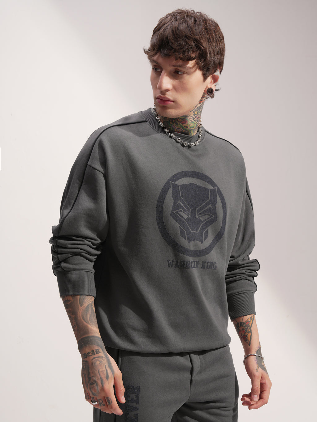 Marvel By Highlander Men Grey Black Panther Round Neck Pullover Sweatshirt - Grey - Image 6