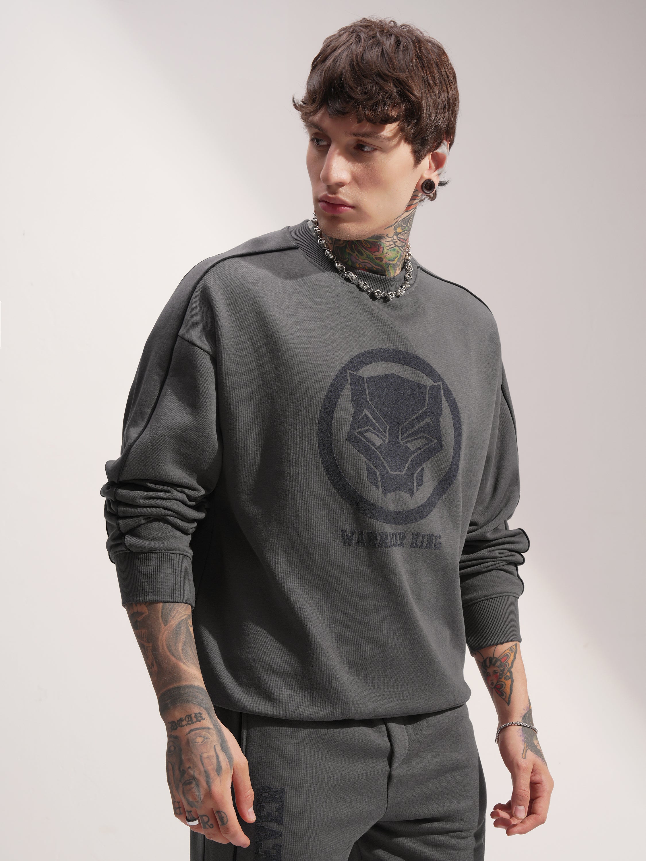 Marvel By Highlander Men Grey Black Panther Round Neck Pullover Sweatshirt - Grey - Image 6