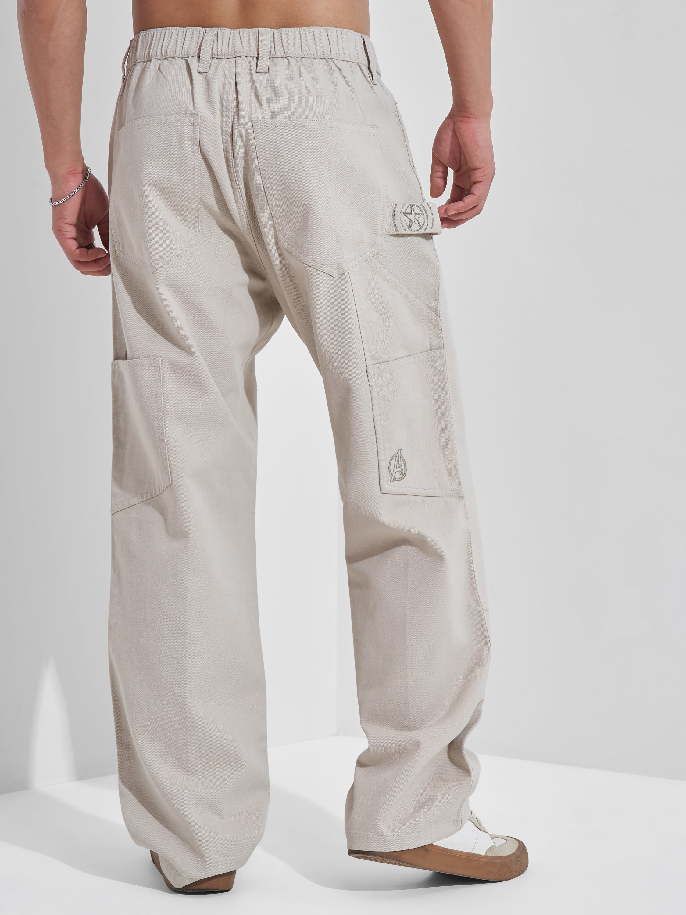 Marvel By Highlander Men Beige Avengers Baggy Fit Solid Cargos - Beige - Image 3