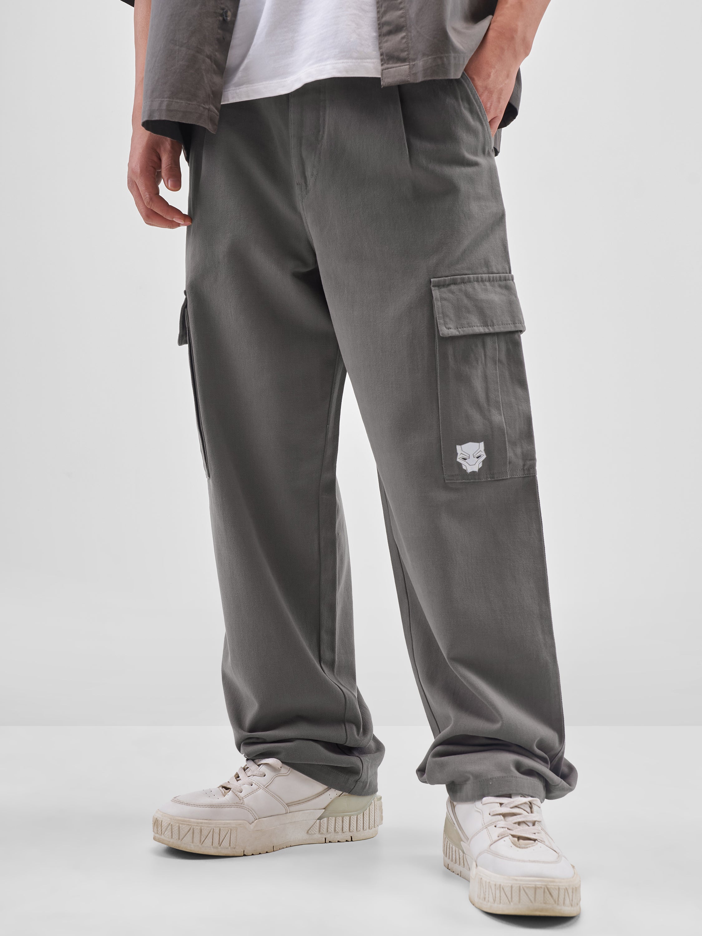 Marvel By Highlander Men Grey Black Panther Loose Fit Solid Cargos - Grey - Image 1